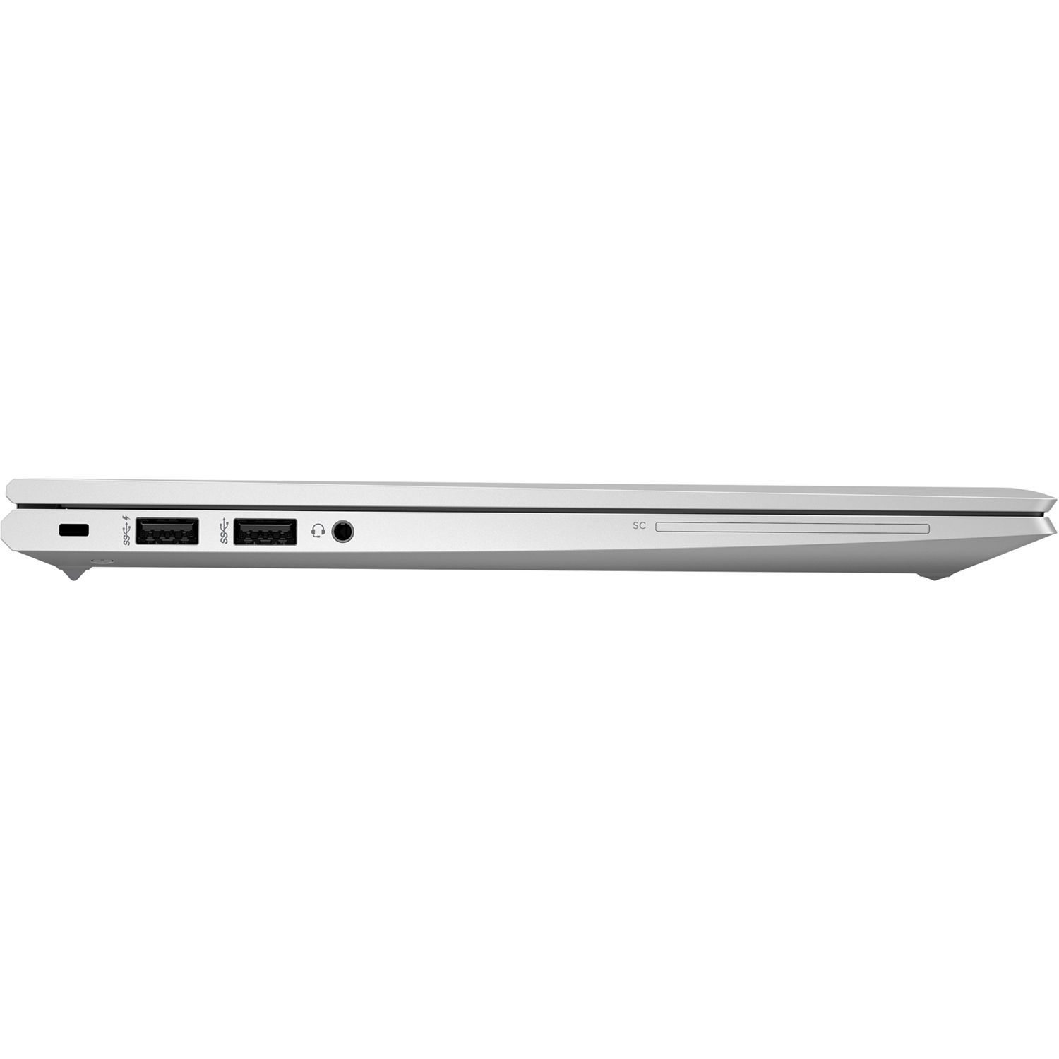 Seitenansicht eines silbernen Laptops mit Anschlüssen und einem SD-Kartensteckplatz auf weißem Hintergrund.