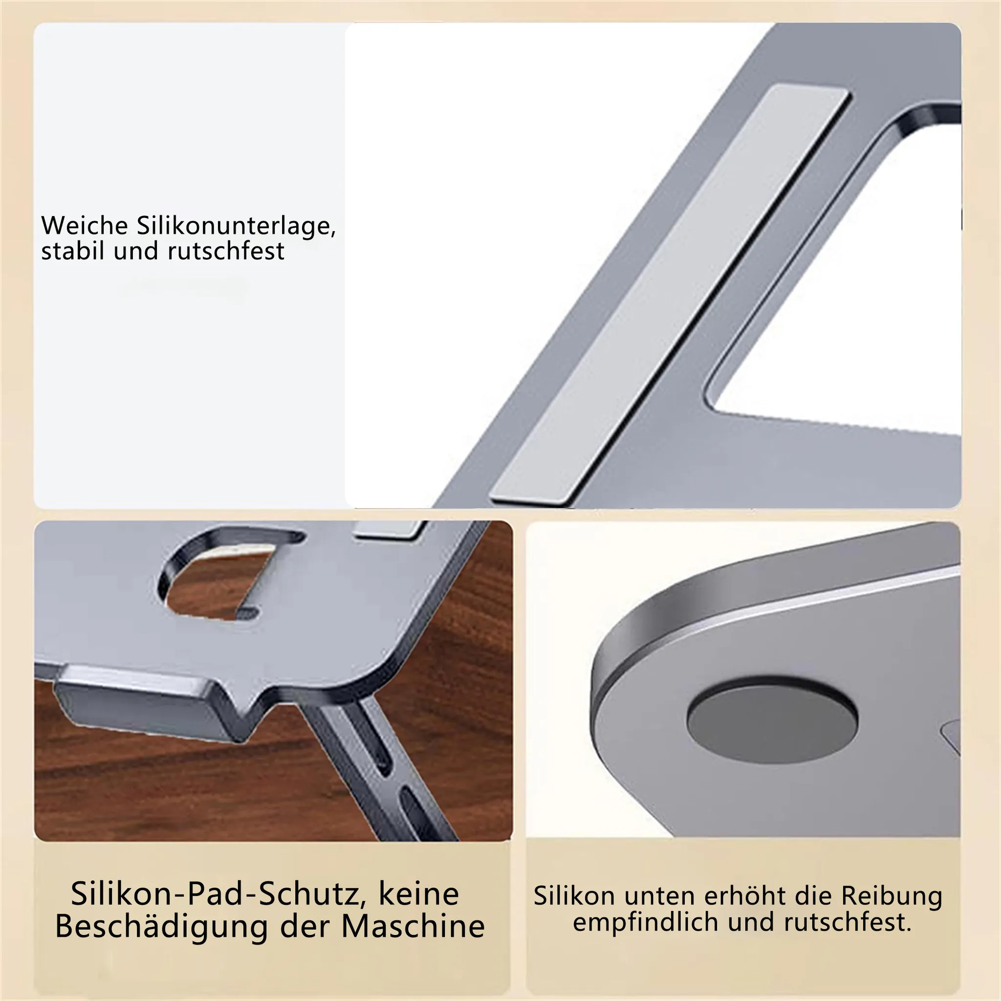 Das Bild zeigt Details eines silbernen Laptopständers mit Silikonpads. Der Text hebt Eigenschaften wie Stabilität, Schutz und Griffigkeit hervor.