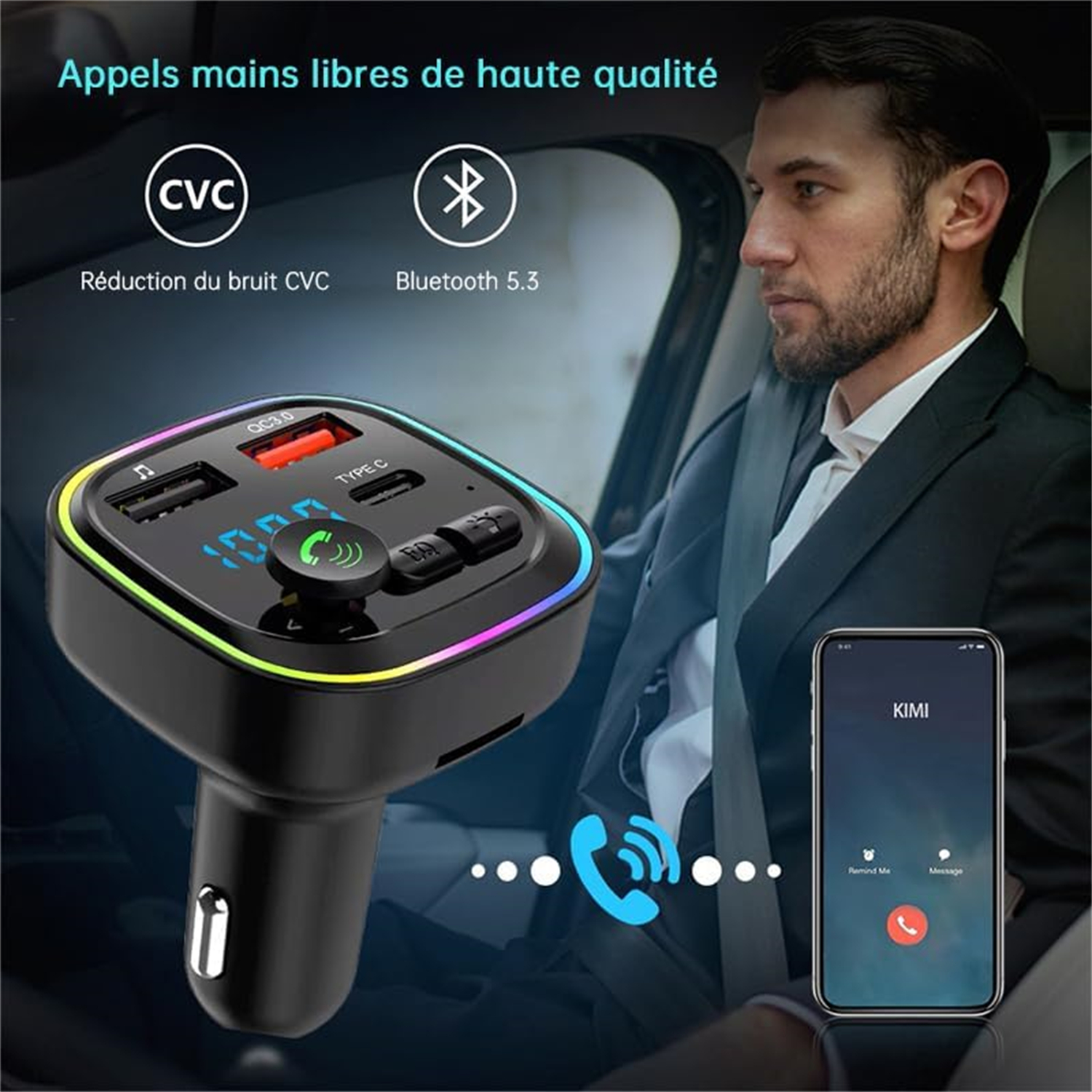 Mann im Auto benutzt Freisprecheinrichtung; Telefon zeigt eingehenden Anruf 'Kimi'. Gerät hat USB-Anschlüsse und Bluetooth.