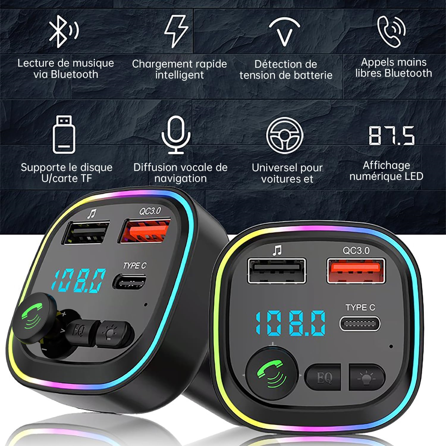Schwarzes Autoladegerät mit LED-Anzeige 108.0, USB-Anschlüssen und Tasten, mit französischen Textbezeichnungen.