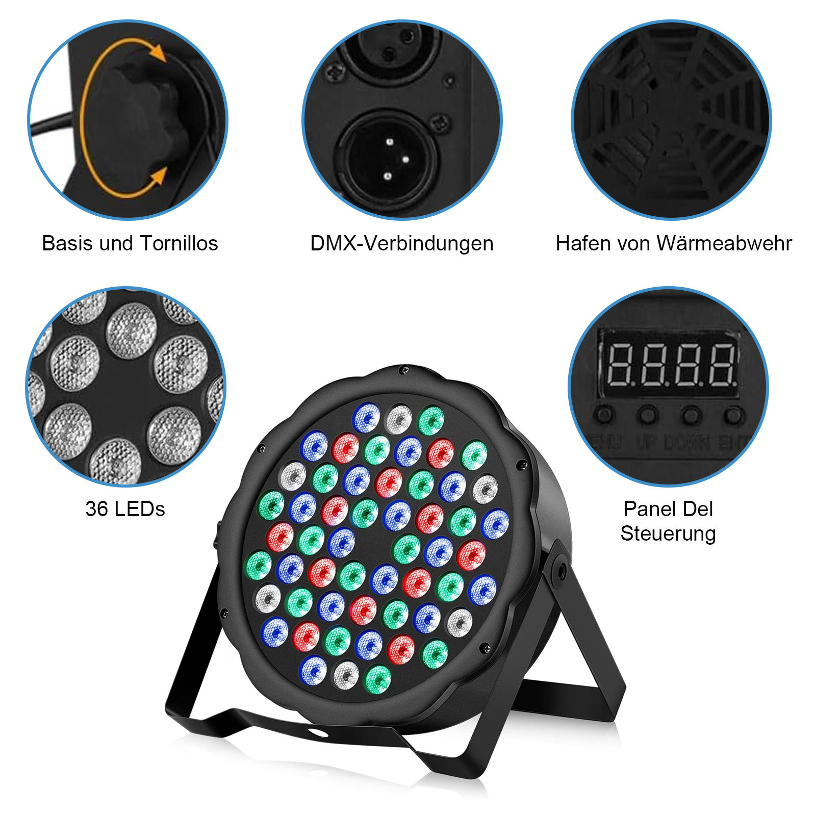 Ein schwarzes Bühnenlicht zeigt seine verschiedenen Komponenten und Funktionen. 36 LEDs sind sichtbar.
