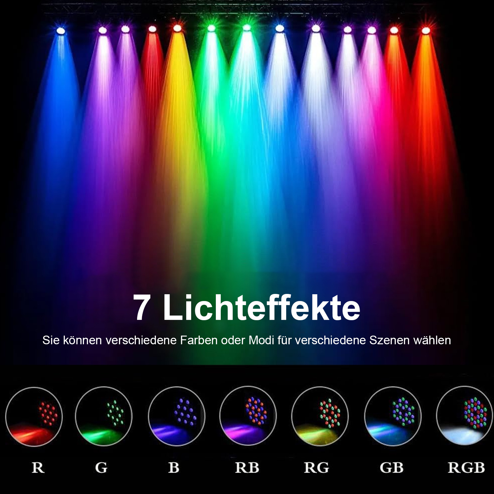 Mehrere farbige Scheinwerfer auf dunklem Hintergrund. Die Lichter erzeugen verschiedene Farbkombinationen.