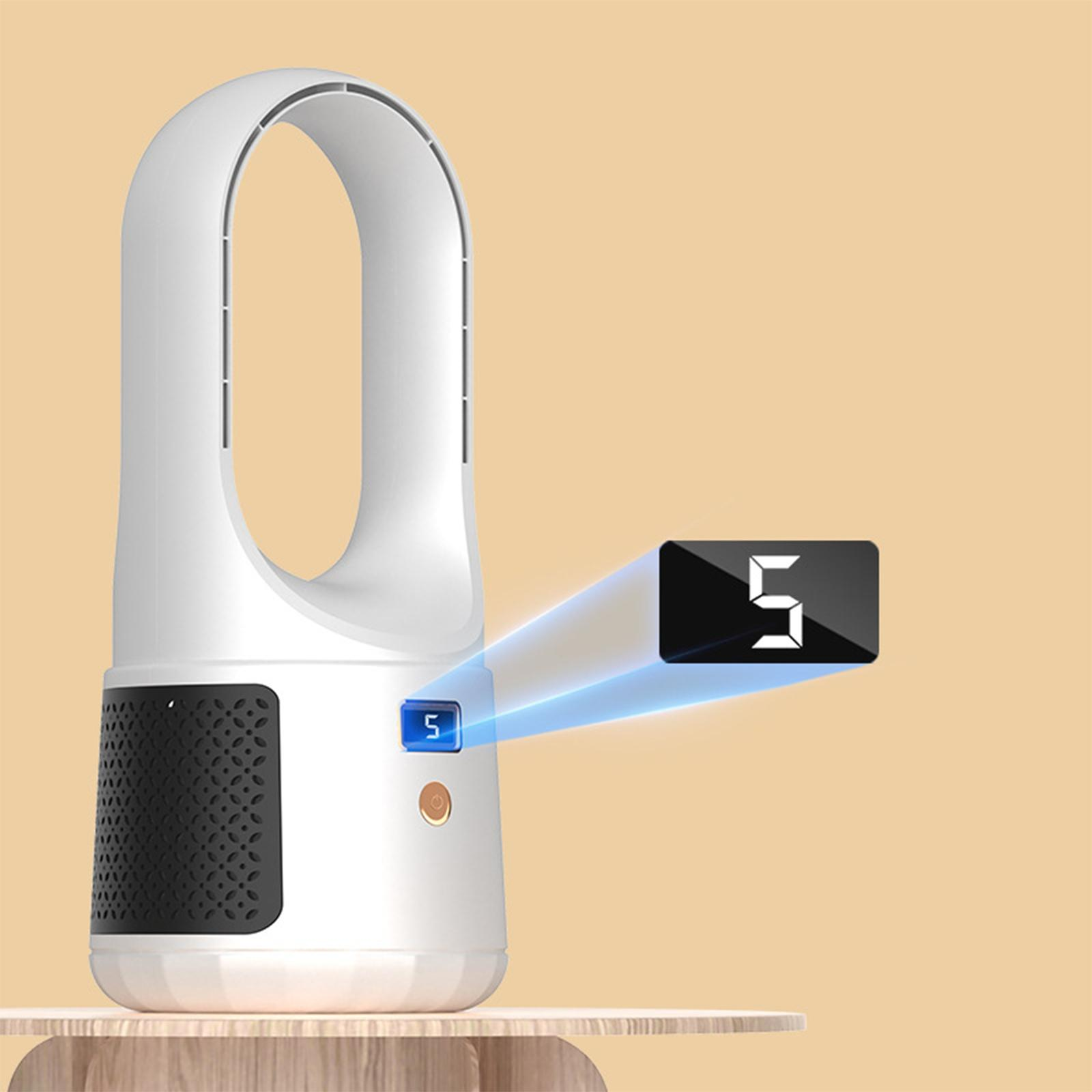 Weiß-schwarzer Ventilator mit Digitalanzeige, die '5' anzeigt. Beiger Hintergrund.