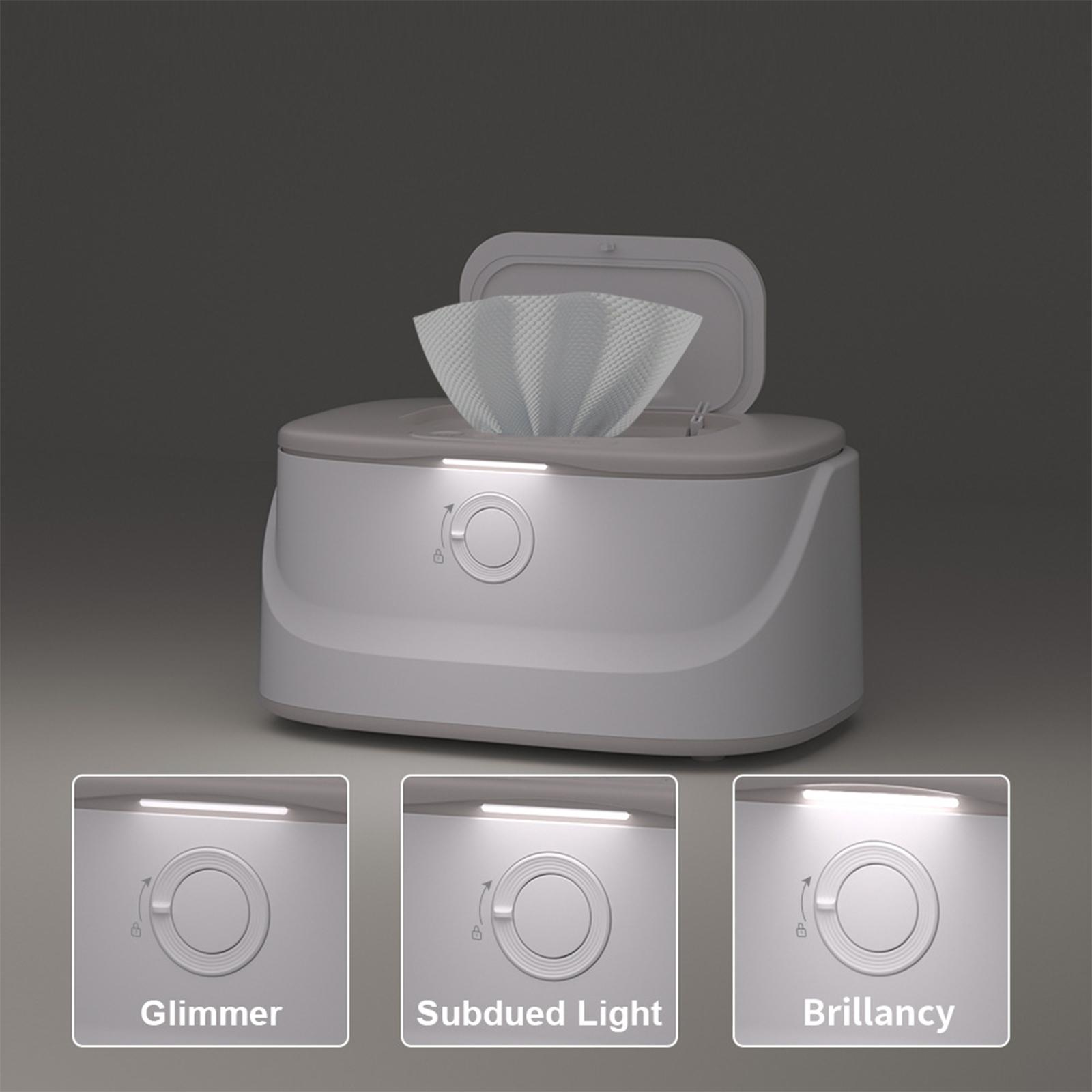 Weißer Babytücher-Spender mit Lichtoptionen, Glimmer, Gedämpftes Licht, und Brillanz.