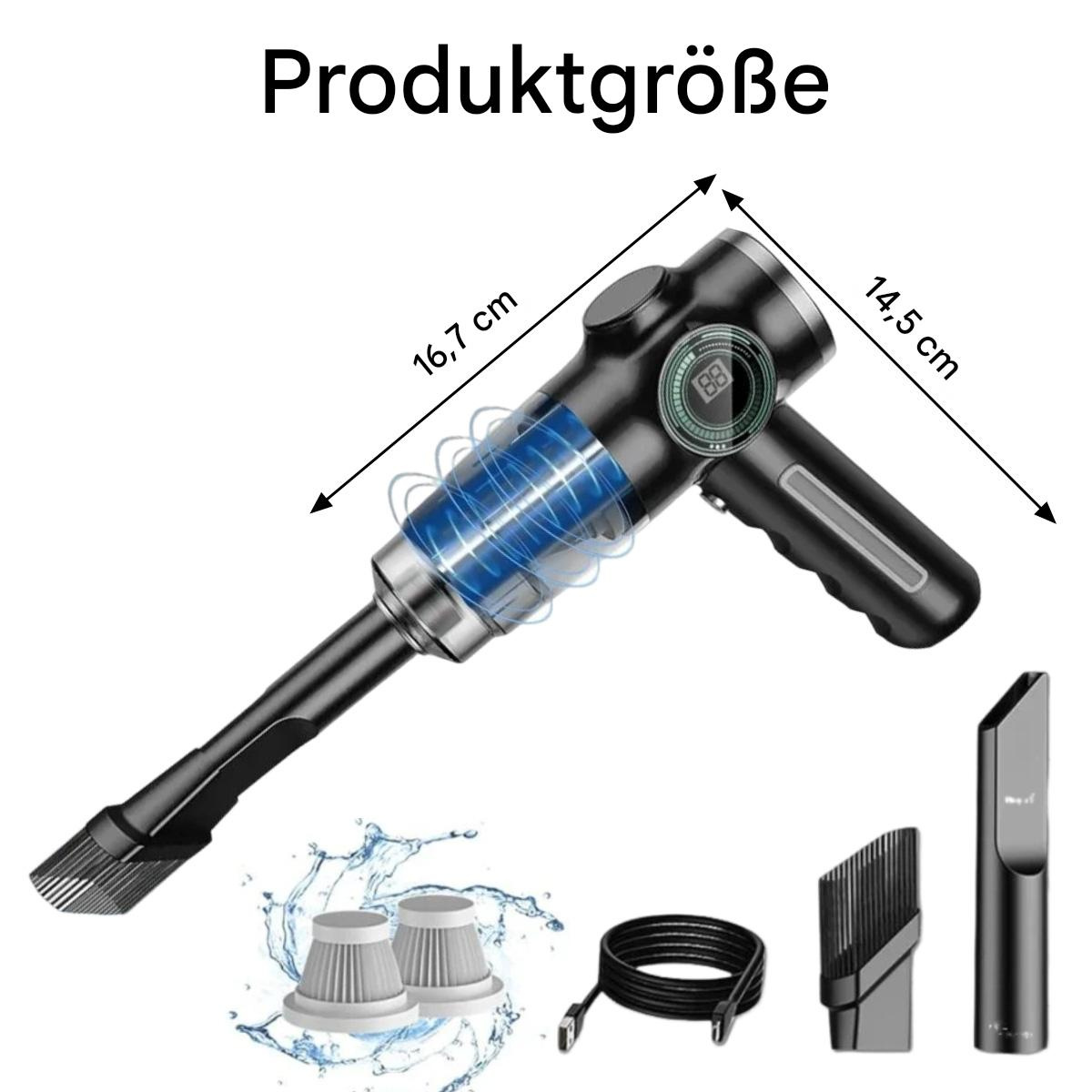 Ein schwarzer und blauer Handstaubsauger mit Zubehör und Abmessungen auf dem Bild.