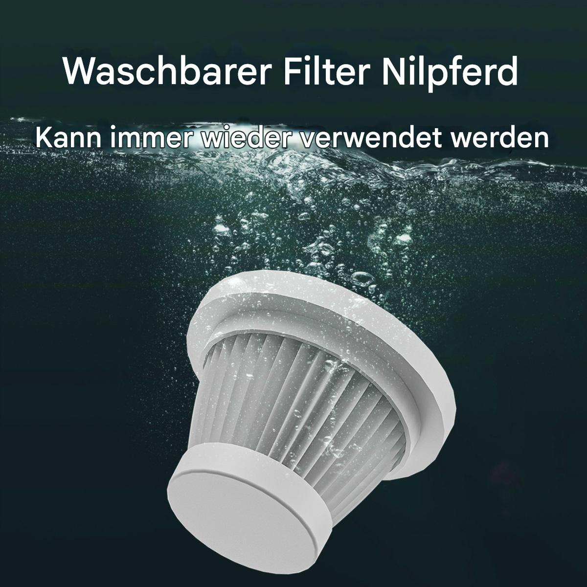 Ein weißer Filter, mit Text 'Waschbarer Filter' und 'Kann wiederverwendet werden'.