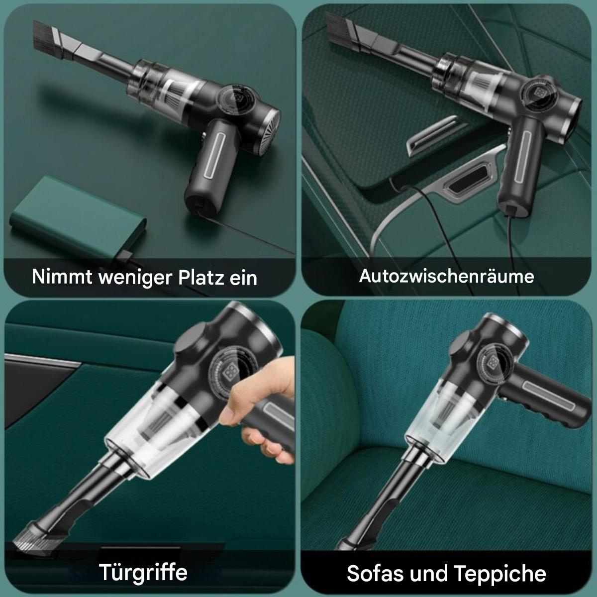 Mehrere Aufnahmen eines schwarzen Handstaubsaugers, der an verschiedenen Orten verwendet wird.