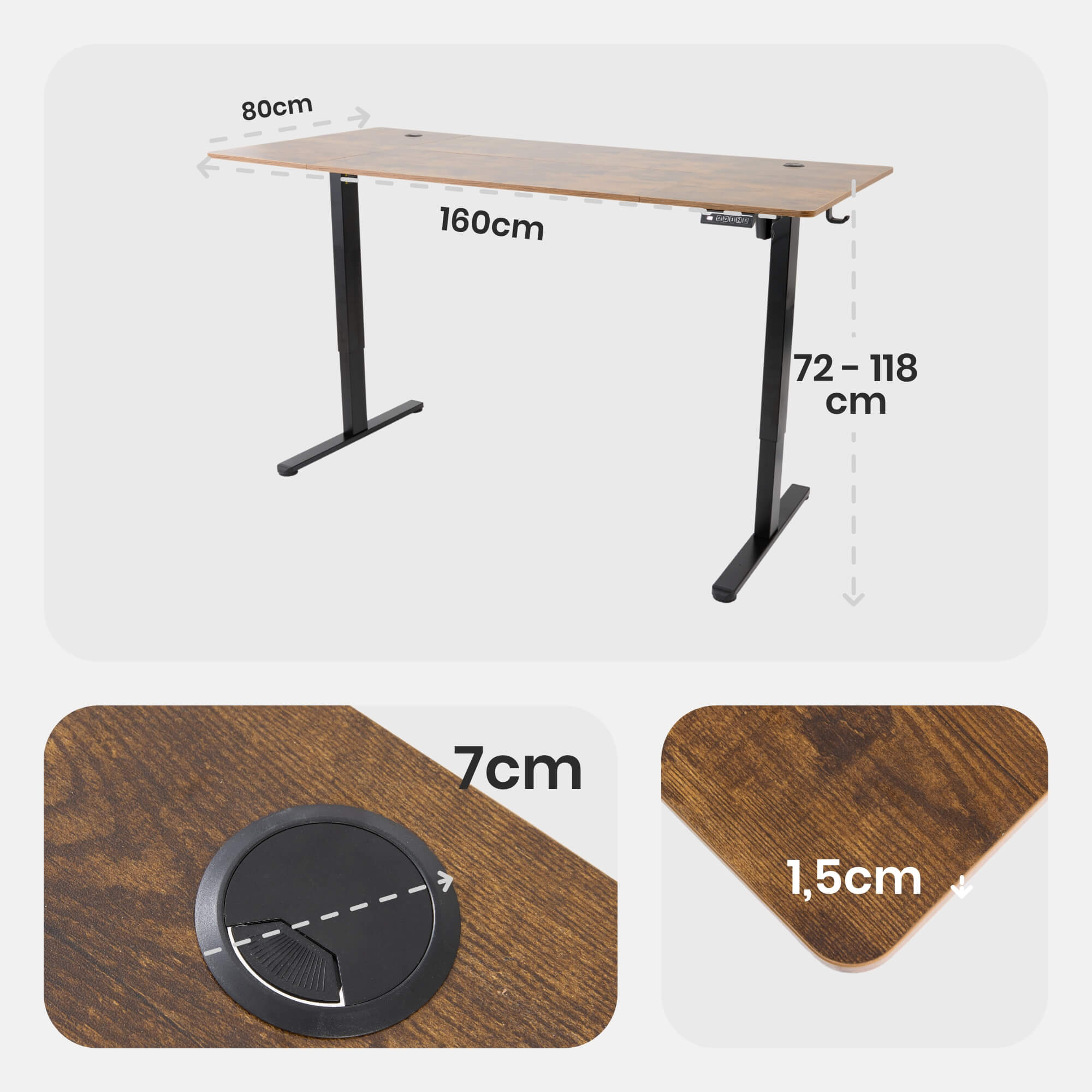 Ein brauner Schreibtisch mit schwarzen Beinen, Abmessungen 160 cm x 80 cm. Enthält eine Nahaufnahme des Schreibtischs und ein Kabelloch.
