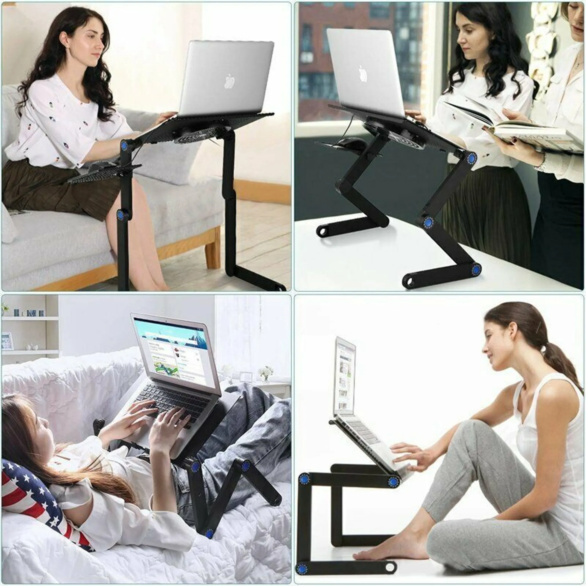 Vier Bilder, die zeigen, wie Menschen verstellbare Laptop-Tische in verschiedenen Umgebungen nutzen.