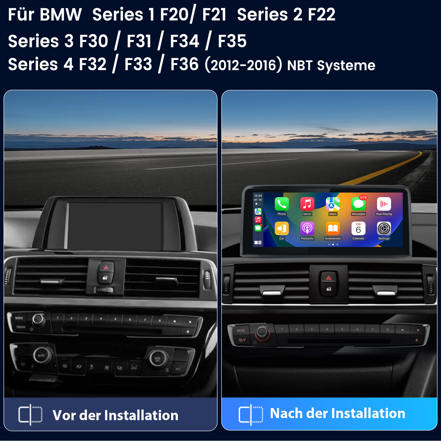 Vergleich des Armaturenbretts eines Autos vor und nach der Installation, wobei der Bildschirm des Autos gezeigt wird.