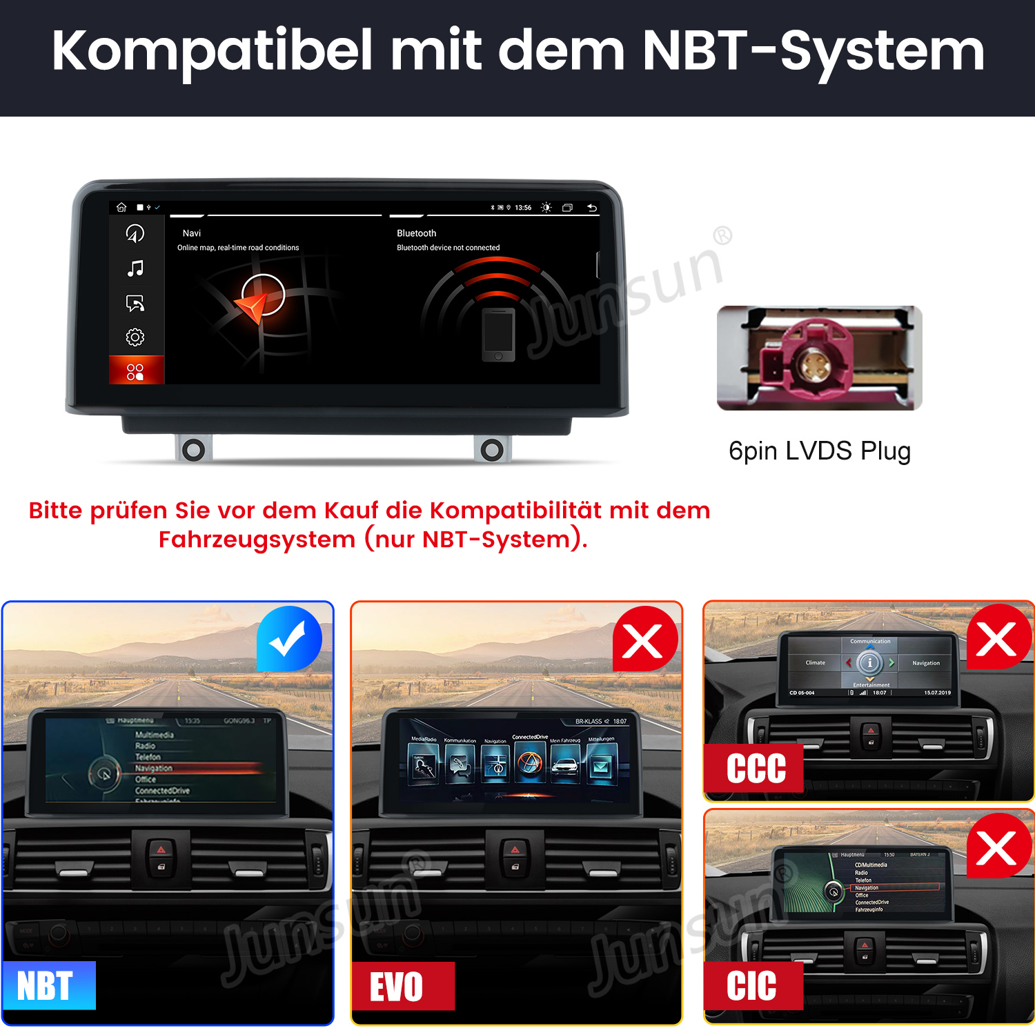 Auto-Multimedia-Bildschirm mit verschiedenen Schnittstellenoptionen, einschließlich Navigation und Bluetooth.