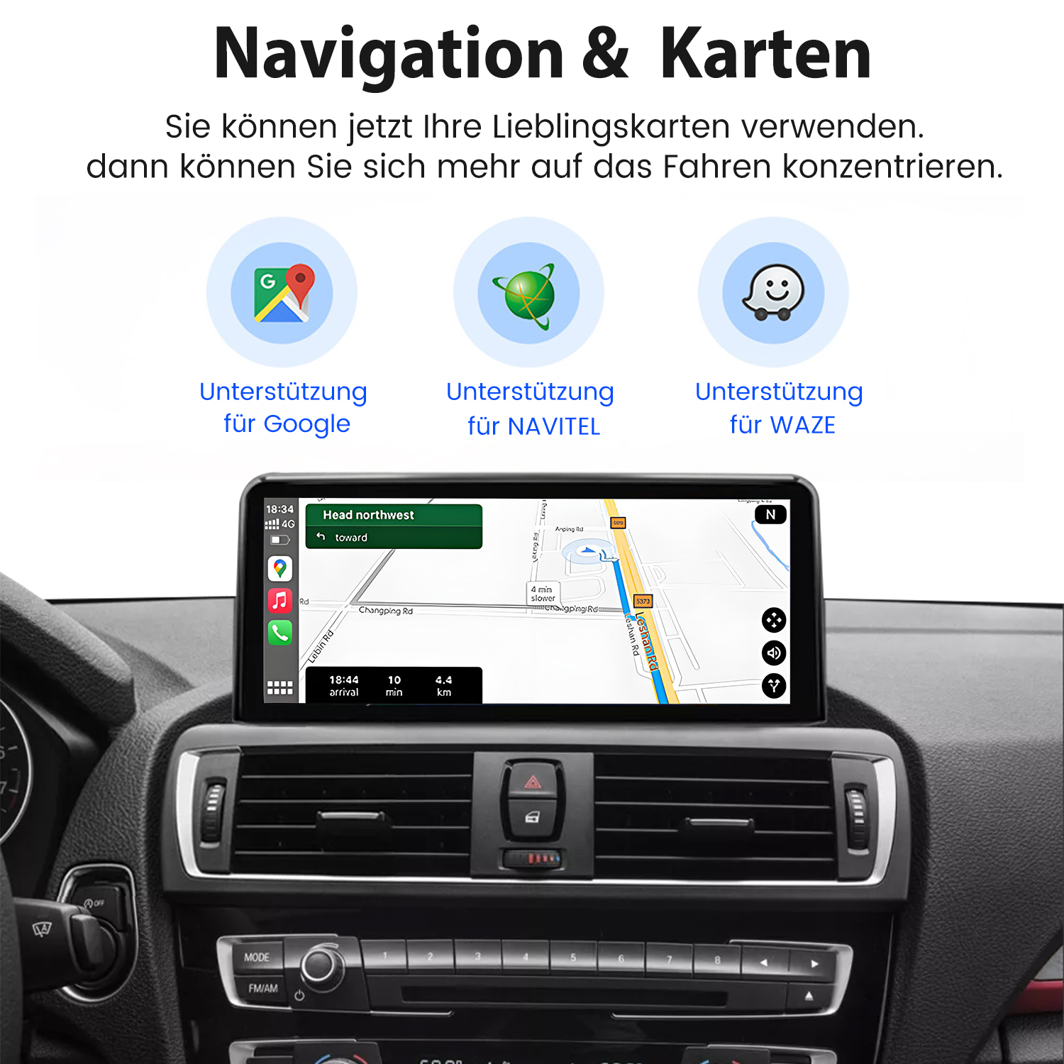 Deska rozdzielcza samochodu z ekranem nawigacji pokazującym mapę z obsługą Google, Navitel i Waze.