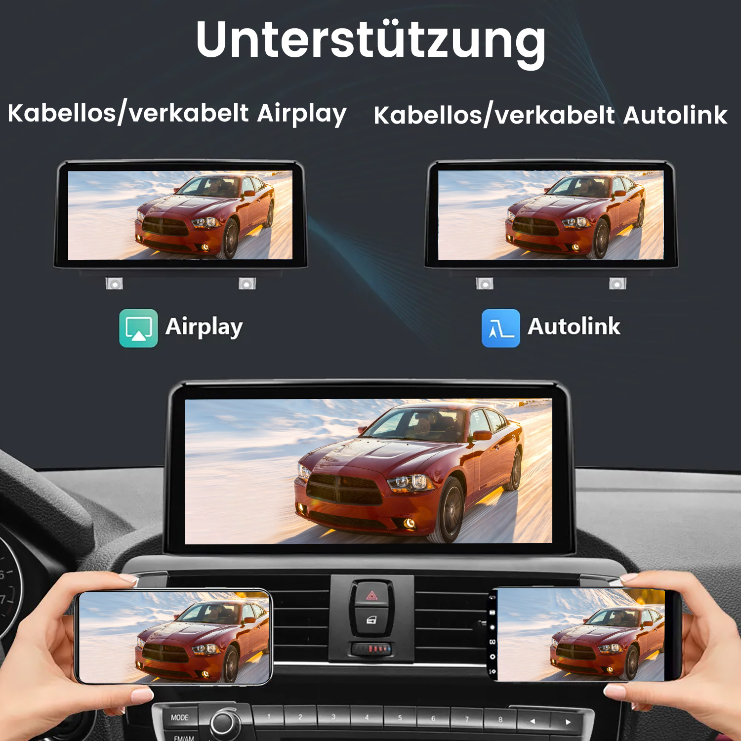 Autobildschirmanzeigen mit Airplay- und Autolink-Optionen, die auf dem Armaturenbrett eines Autos angezeigt werden.