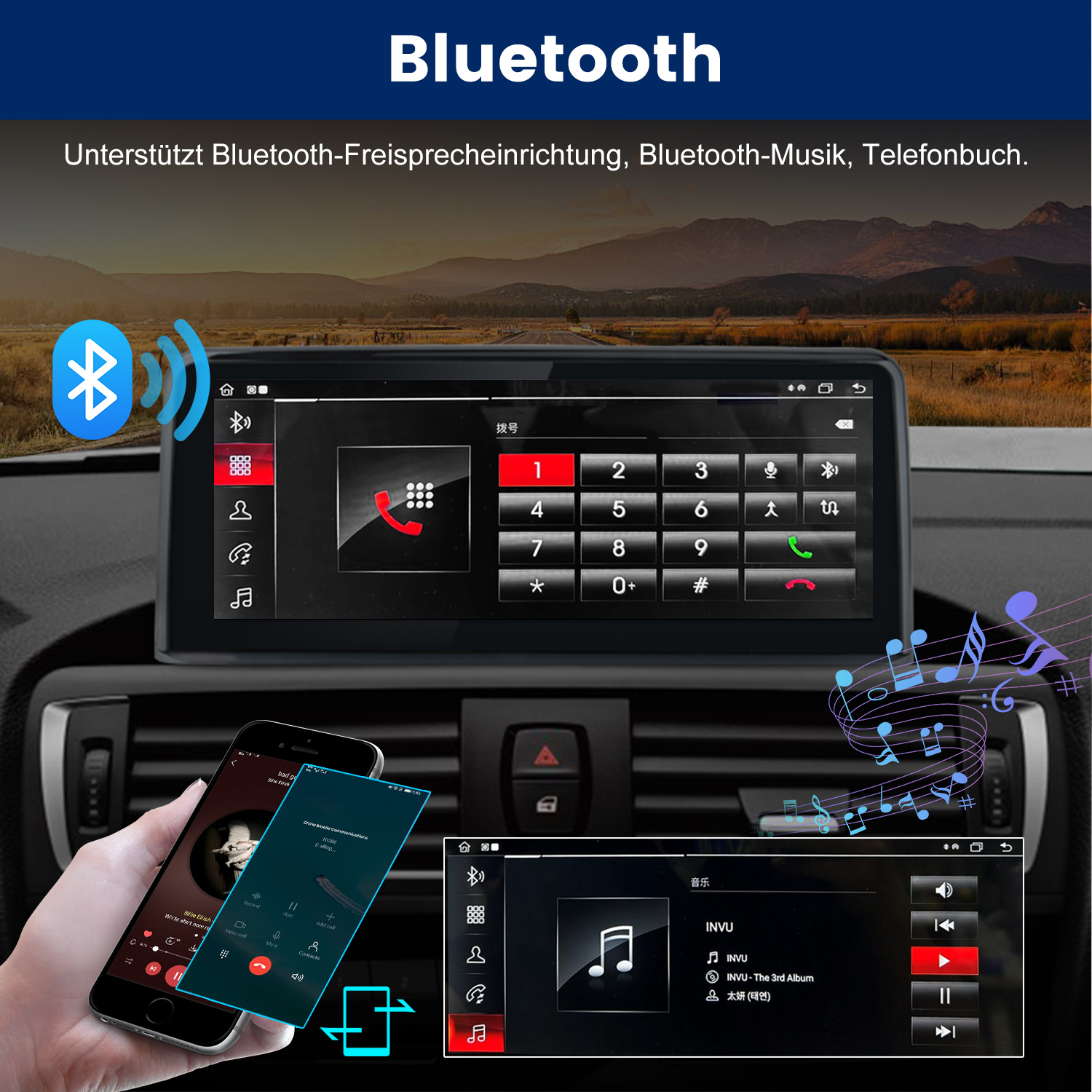 Armaturenbrett-Bildschirm des Autos, der Bluetooth-Funktionen, Telefon und Musikwiedergabe anzeigt.