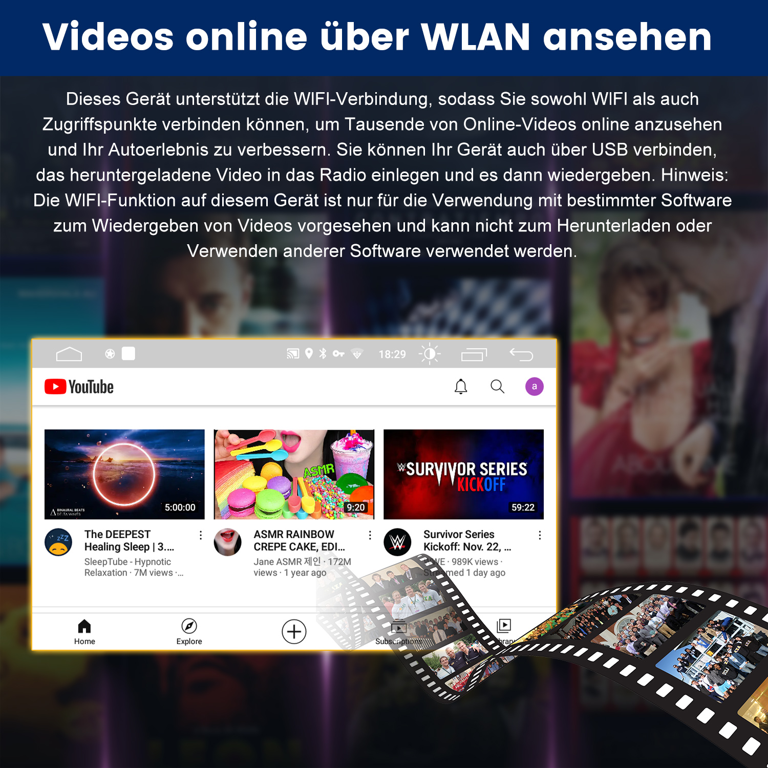 Ekran multimedialny pokazujący interfejs YouTube z miniaturami wideo i nakładką z taśmy filmowej.