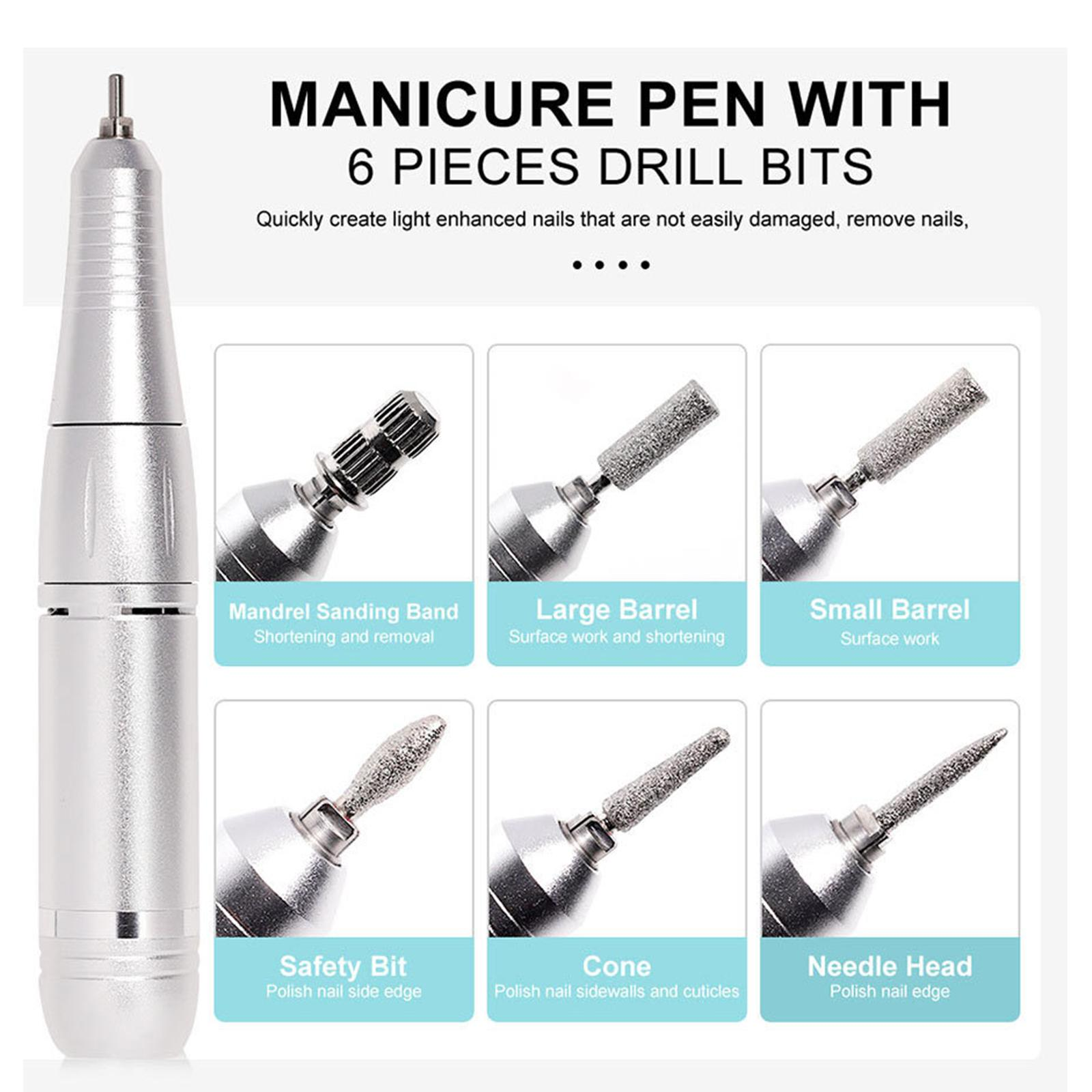 Maniküre-Stift mit 6 Bohraufsätzen. Aufsätze zum Kürzen, Oberflächenbearbeiten und Polieren.