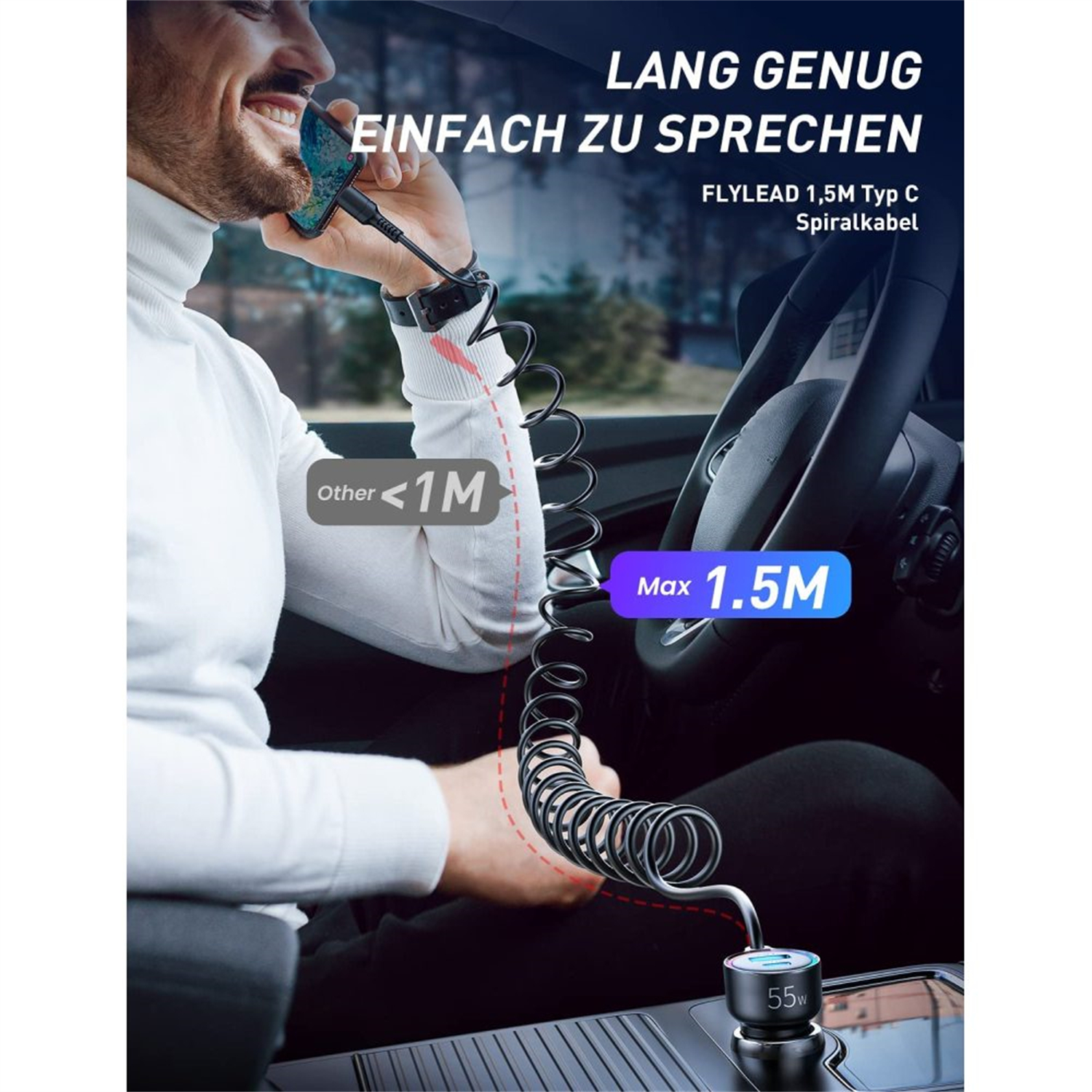 Mann benutzt ein Autoladegerät mit einem Telefon. Schwarzes Spiralkabel und ein Autoladegerät sind in Gebrauch.