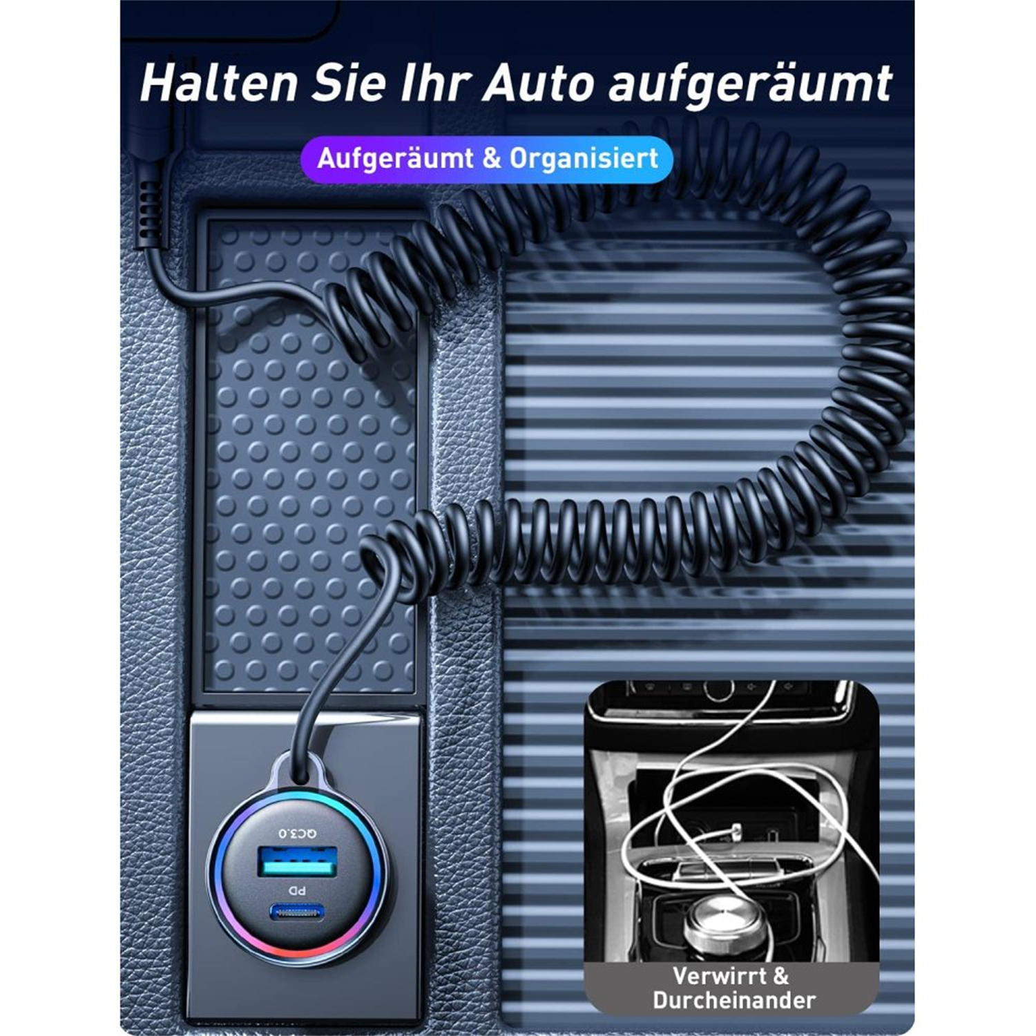 Auto-Innenraum mit Ladestation und Spiralkabel.