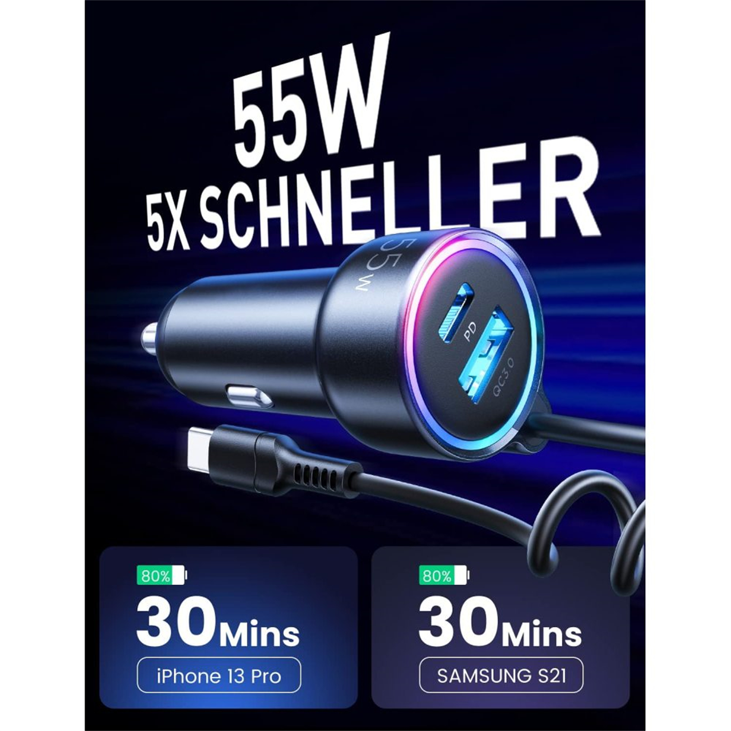 Autoladegerät mit zwei USB-Anschlüssen. Das Ladegerät ist schwarz mit einem farbenfrohen LED-Ring und einem Spiralkabel.