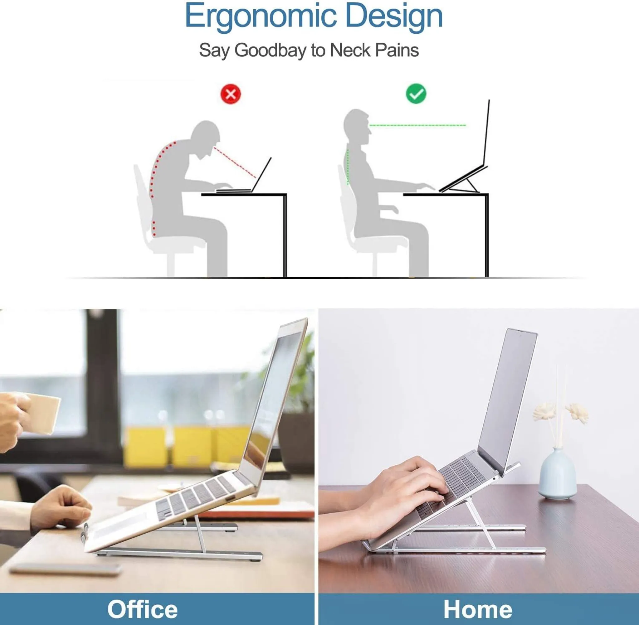 Laptopständer in Büro- und Heimumgebung, die die Vorteile des ergonomischen Designs hervorheben.