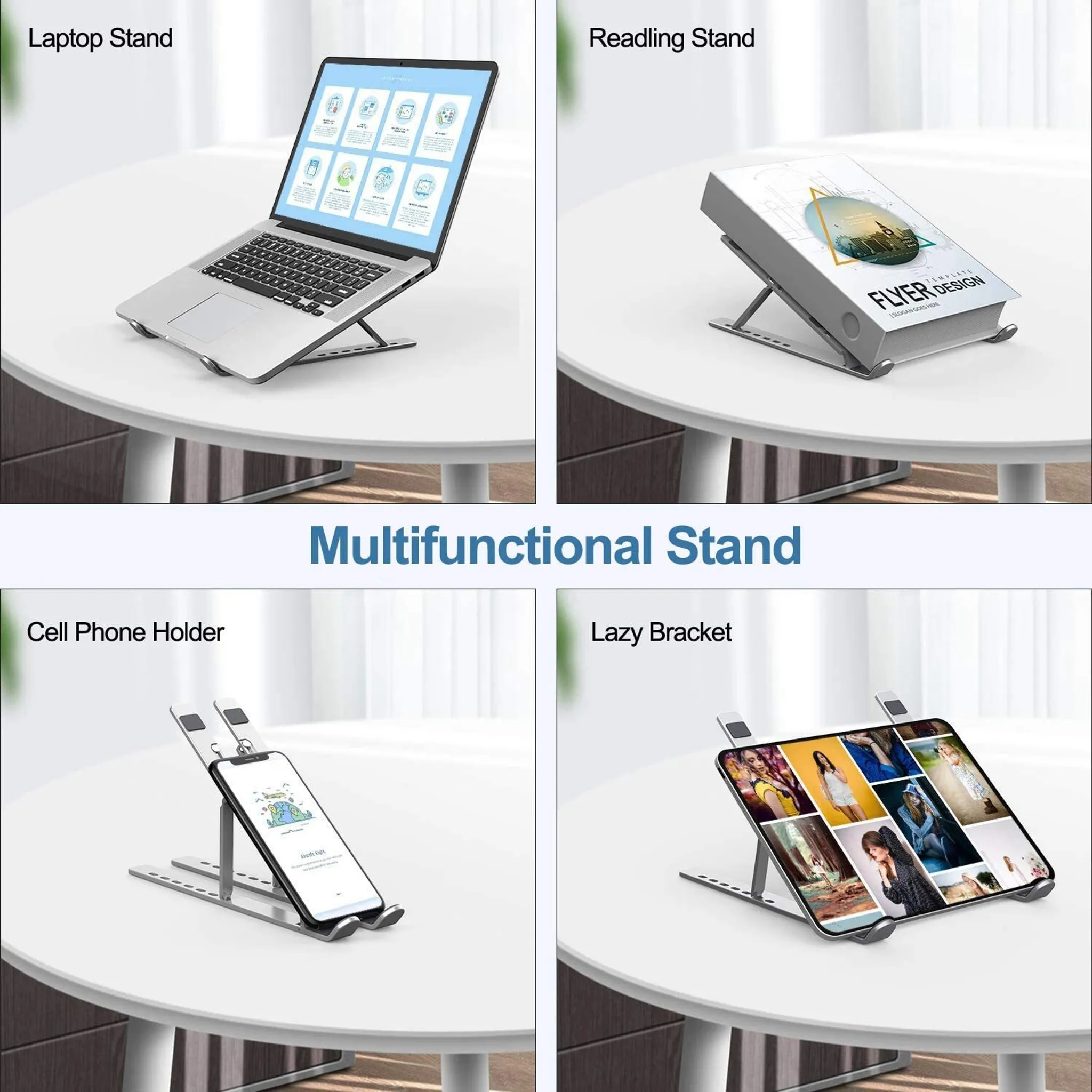 Laptop-, Lese-, Telefon- und Tablet-Ständer. Hintergrund: weiß. Vordergrund: Ständer, Geräte.