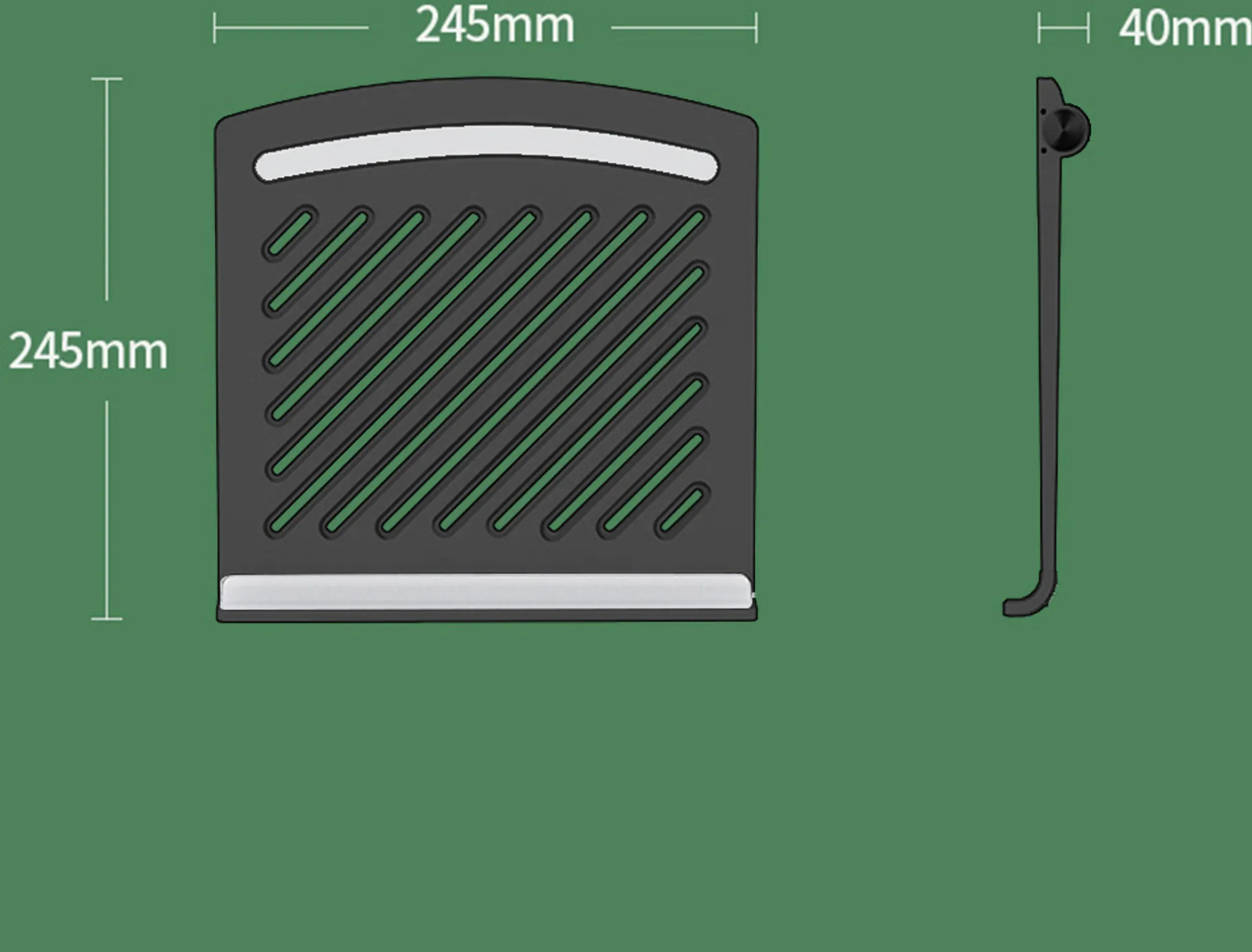 Diagramm eines Laptopständers. Draufsicht, Abmessungen für Länge und Breite angegeben. Seitenansicht ebenfalls enthalten.