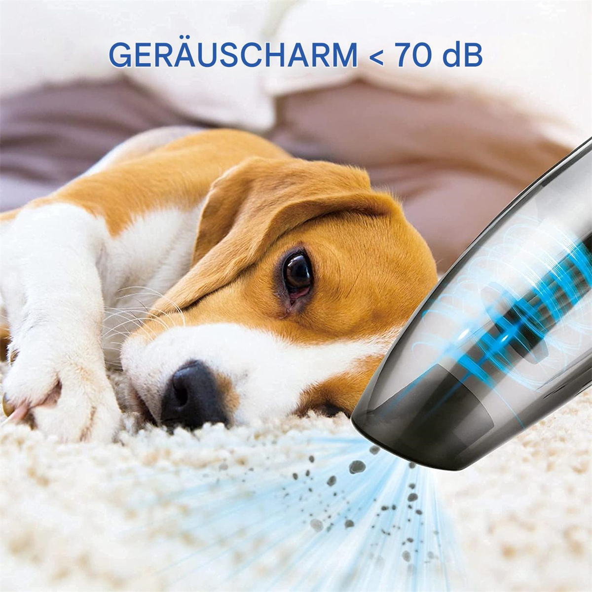 Hund liegt auf einem Teppich und wird gesaugt. Der Staubsauger ist schwarz und hat blaues Licht.