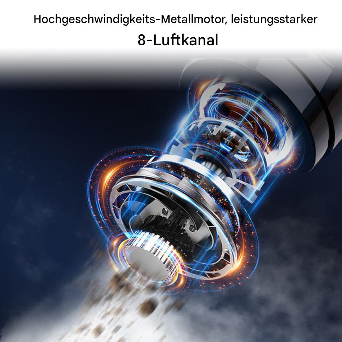 Detaillierte Aufnahme eines metallischen Motors mit blauen und orangen Lichteffekten auf dunklem Hintergrund.