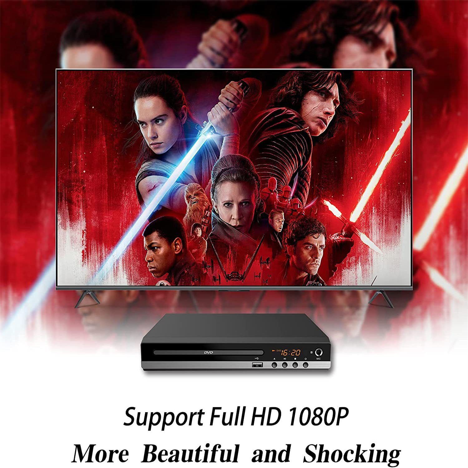 Ein DVD-Player befindet sich unter einem Fernsehbildschirm mit Star-Wars-Charakteren auf rotem Hintergrund.
