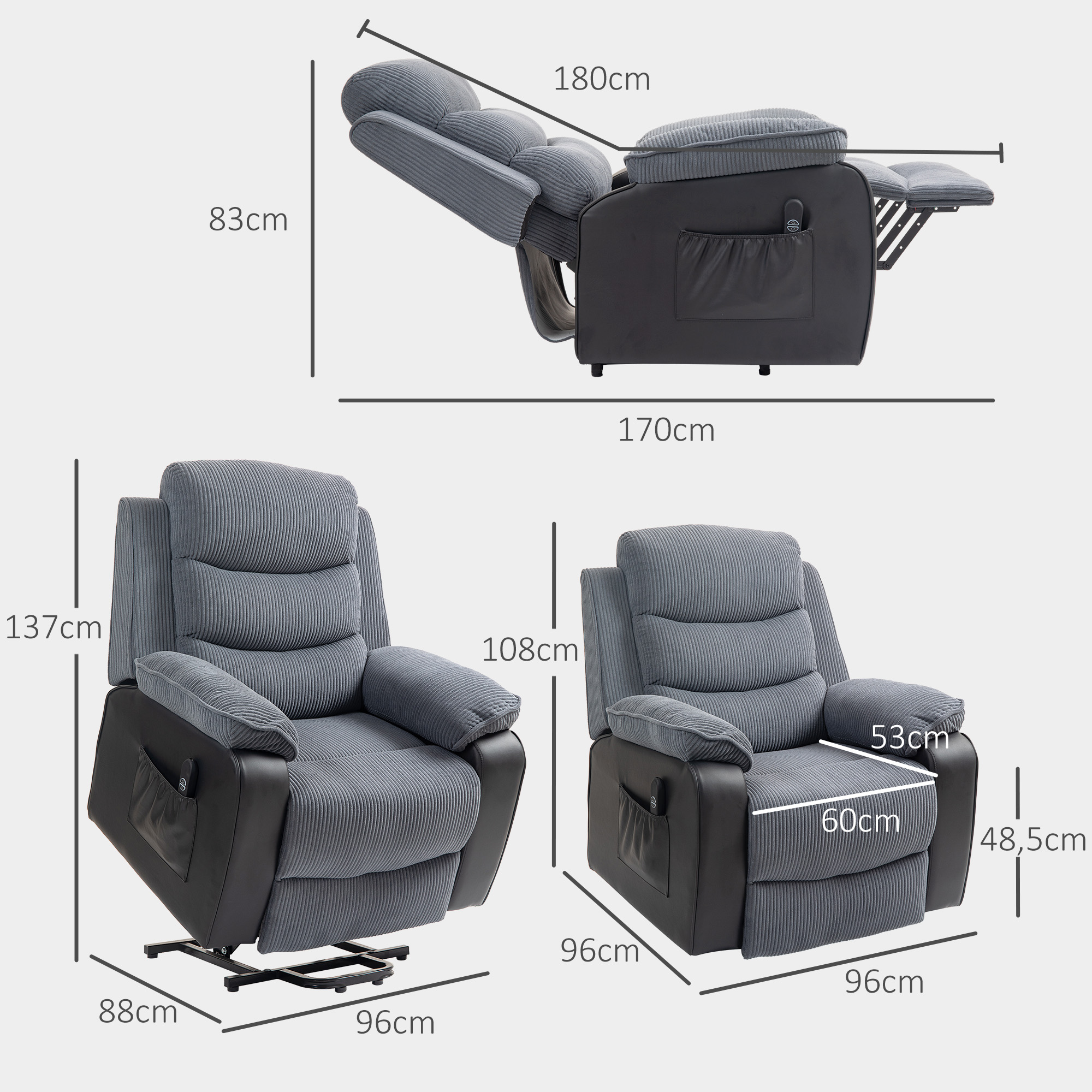 Diagrama de un sillón reclinable gris, que muestra dimensiones y posiciones, con fondo blanco.