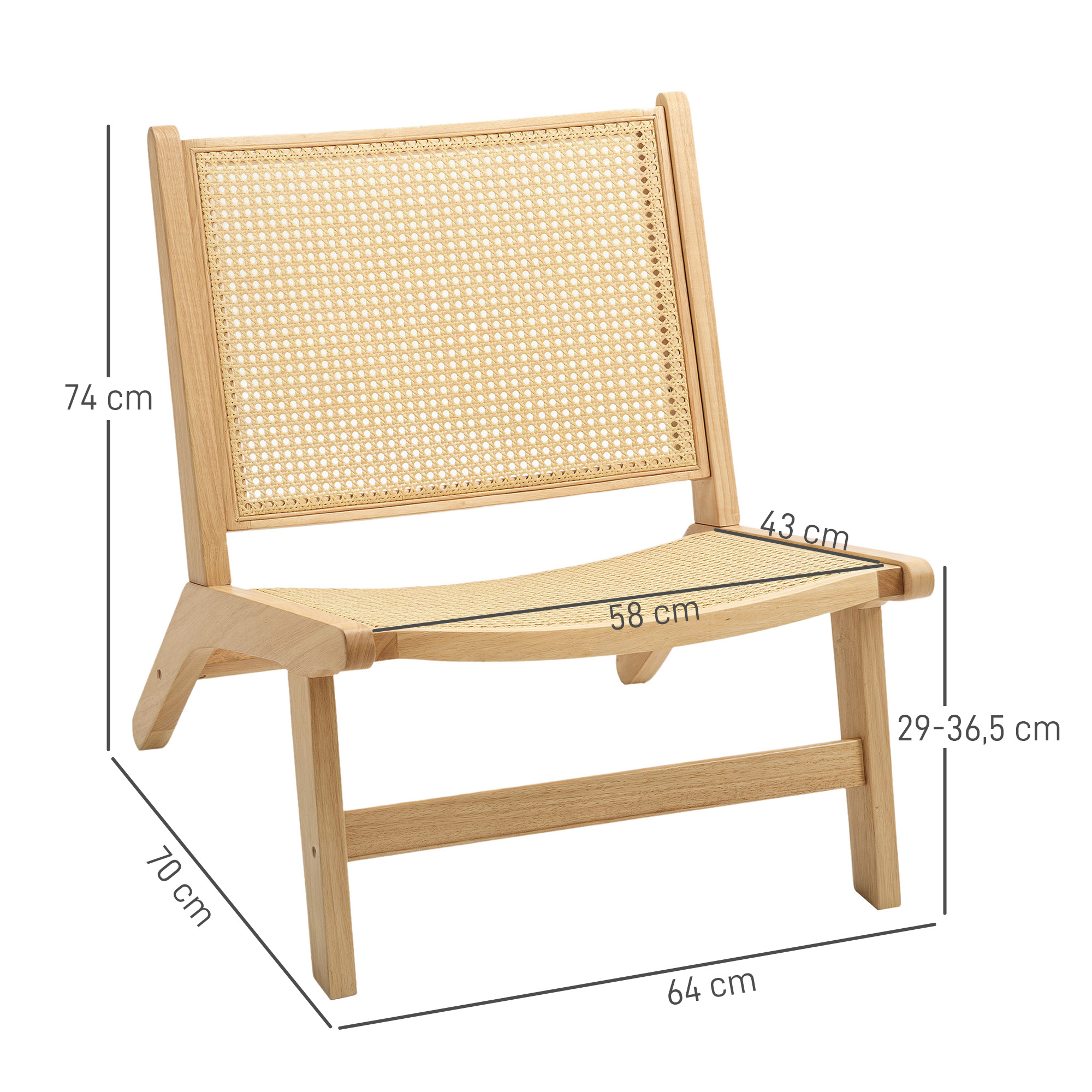 Silla de madera con asiento y respaldo de ratán tejido, con dimensiones y fondo blanco.