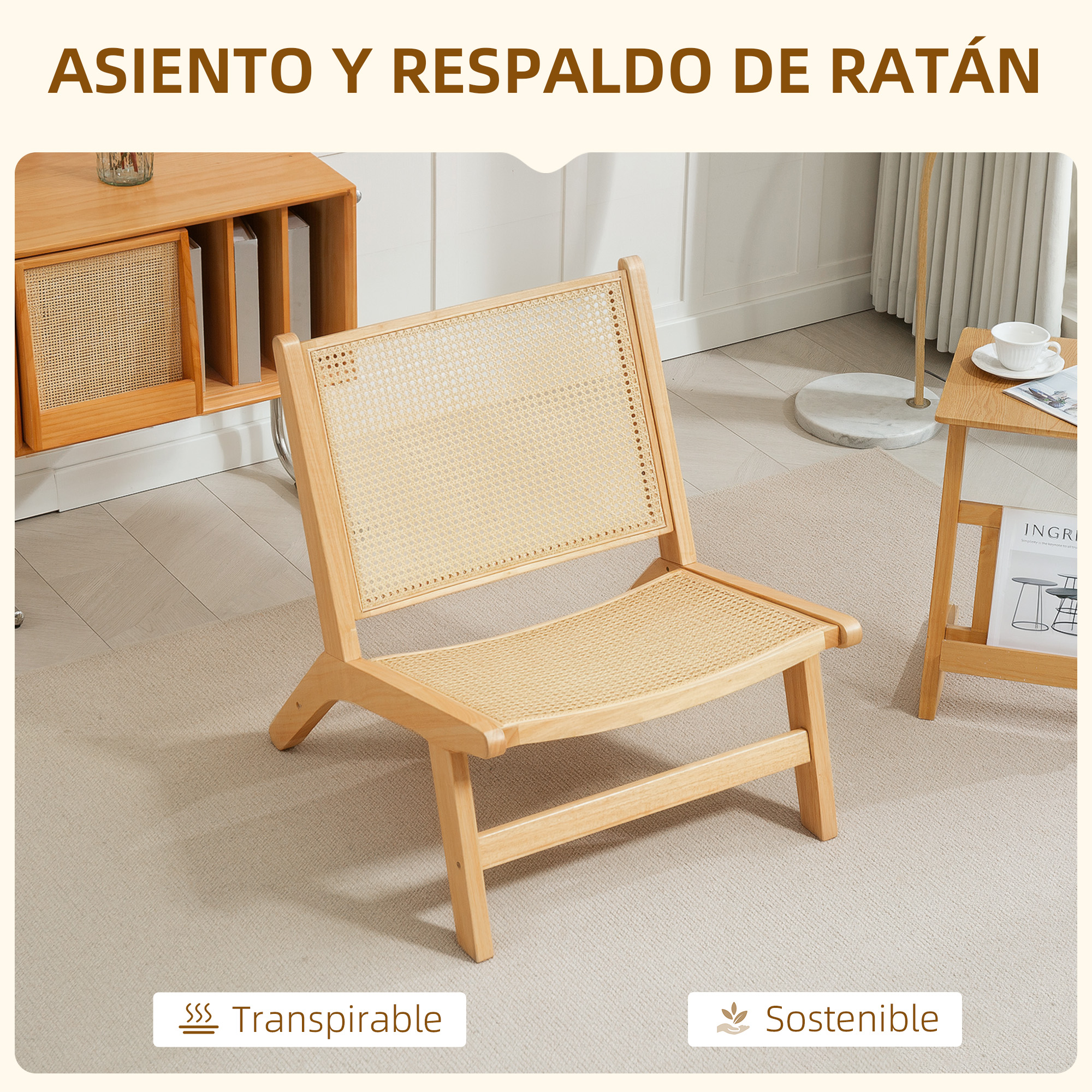 Silla de madera con asiento y respaldo de ratán, cerca de un pequeño armario y una mesa auxiliar.