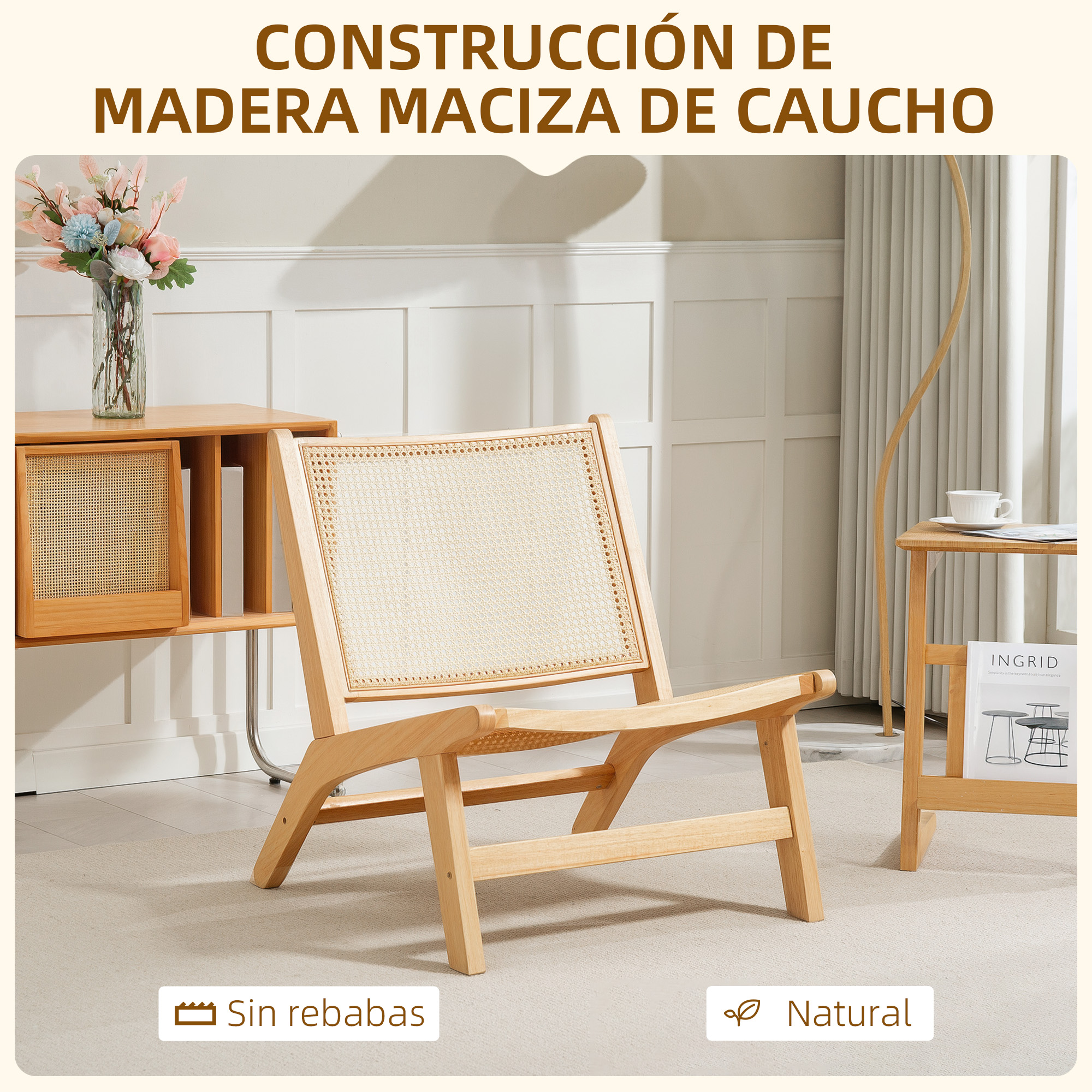 Silla de madera con asiento y respaldo de ratán, cerca de un armario y una mesa auxiliar.