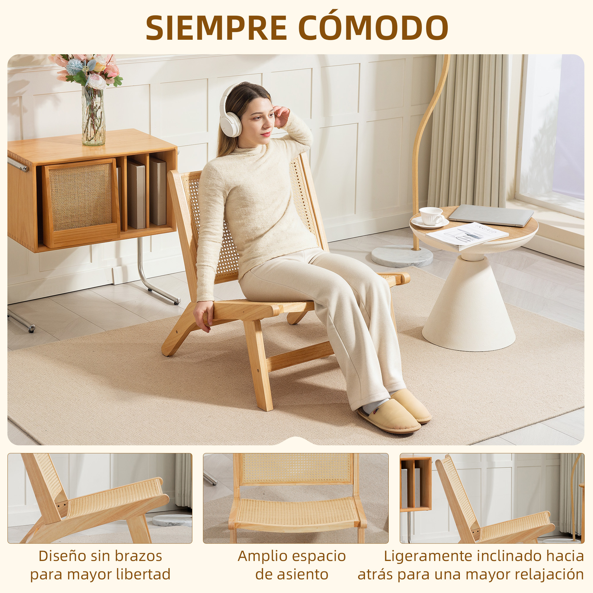 Mujer sentada en una silla de madera, relajada, con auriculares, en una habitación.