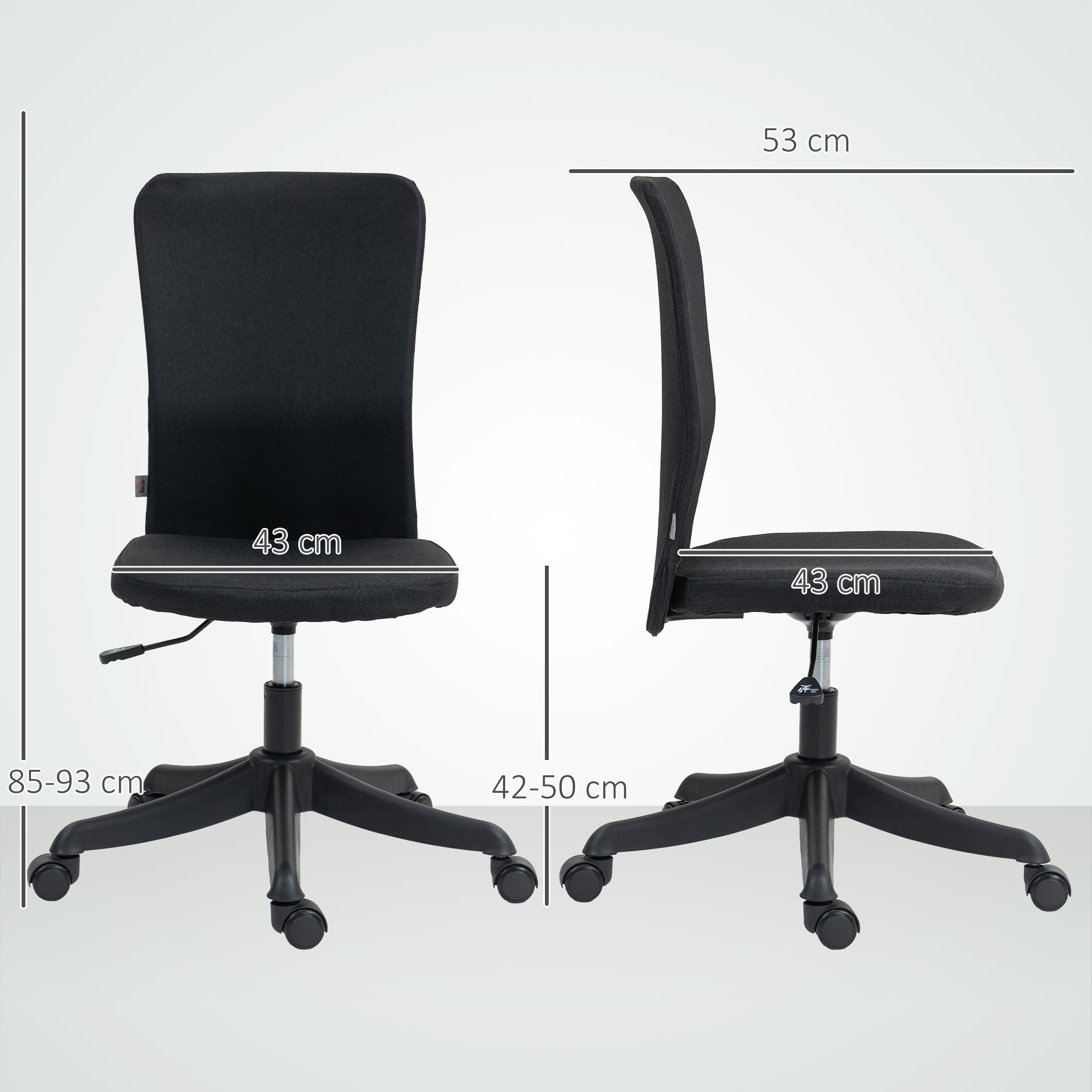 Dimensiones de una silla de oficina negra, mostrando las medidas del asiento y el respaldo.