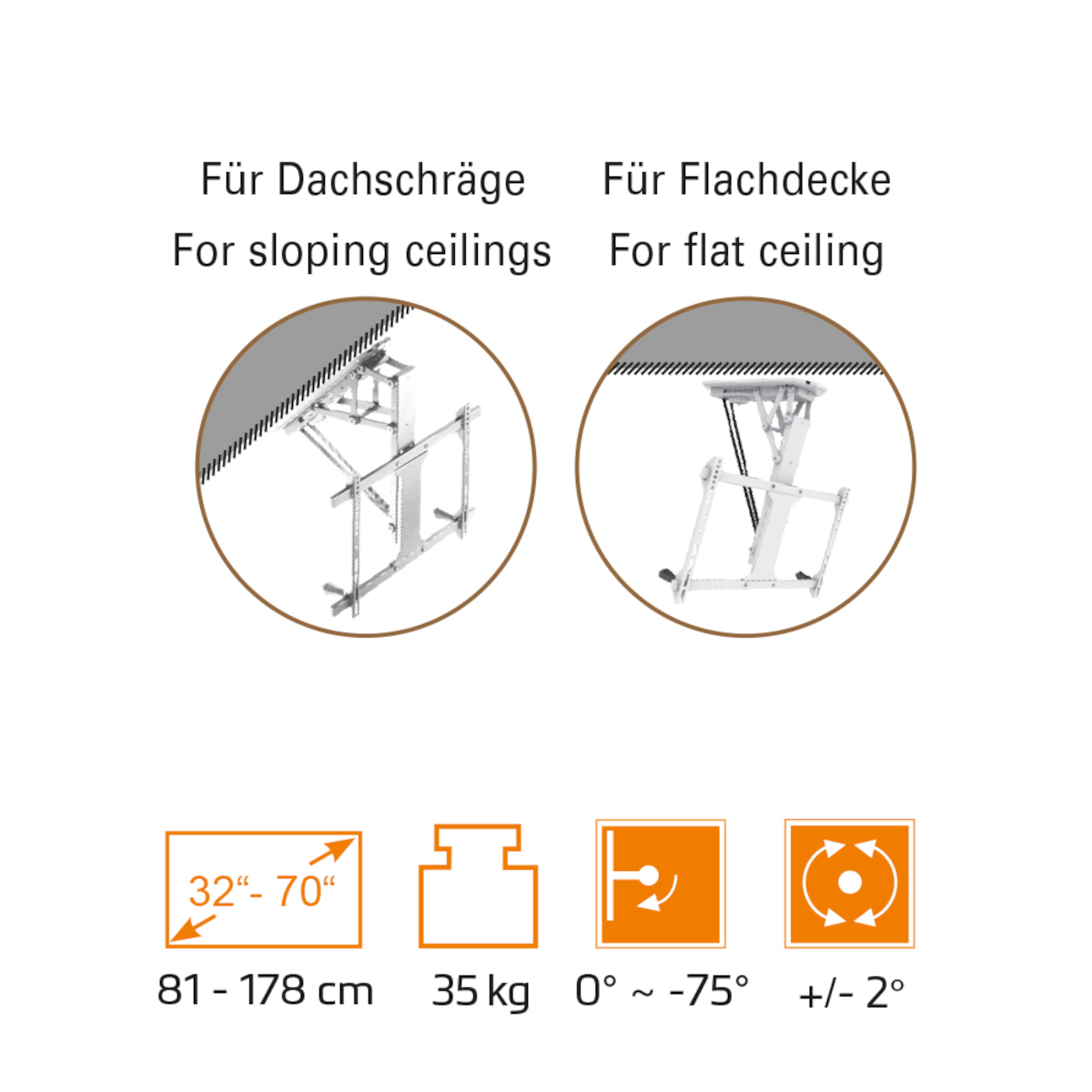 Diagramme, die Deckenhalterungen zeigen. Beschriftungen: 'Für Dachschräge', 'Für Flachdecke' und Messsymbole.