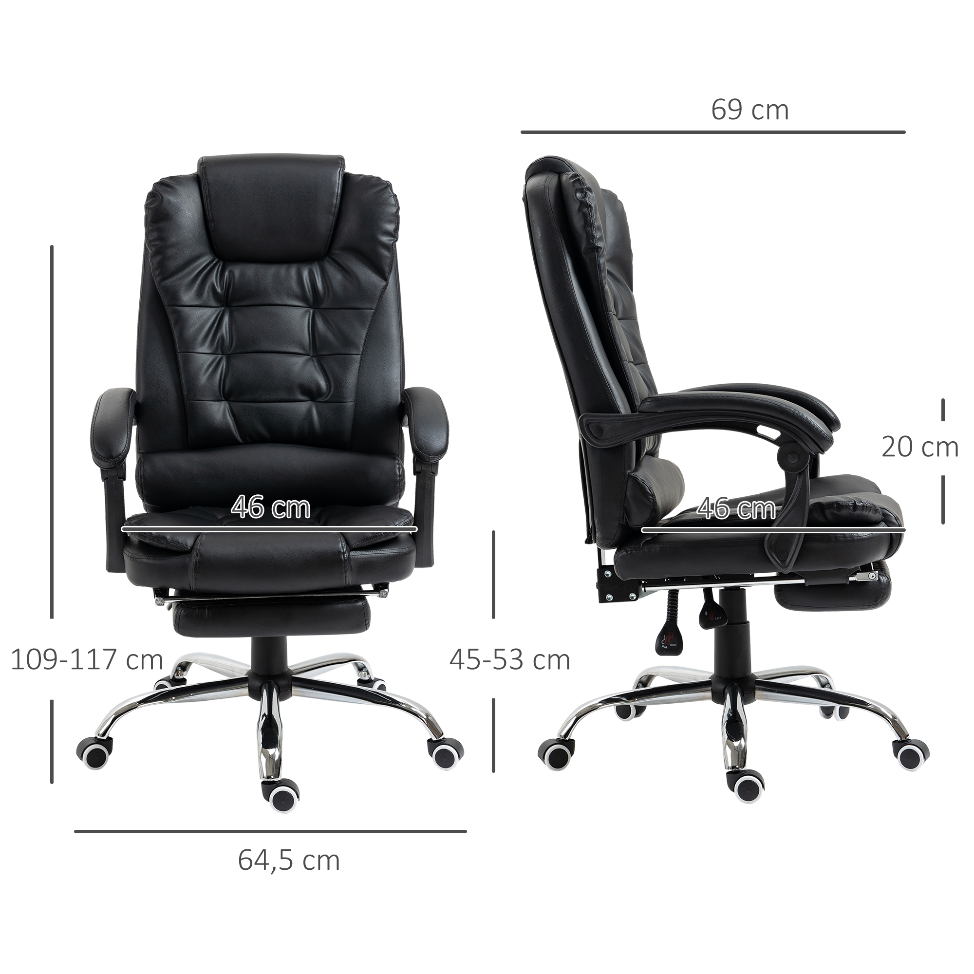 Silla de oficina de cuero negro con mediciones indicadas, mostrando dimensiones. Base y ruedas cromadas.