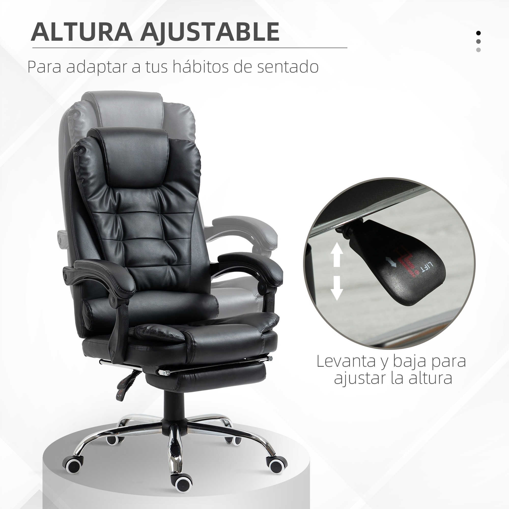 Se muestra una silla de oficina negra con altura ajustable con una palanca ajustable.