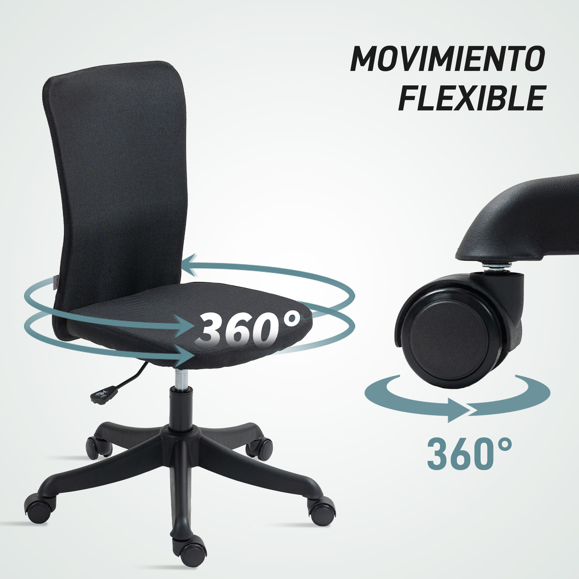Se muestra una silla de oficina negra con rotación de 360 grados sobre un fondo blanco.