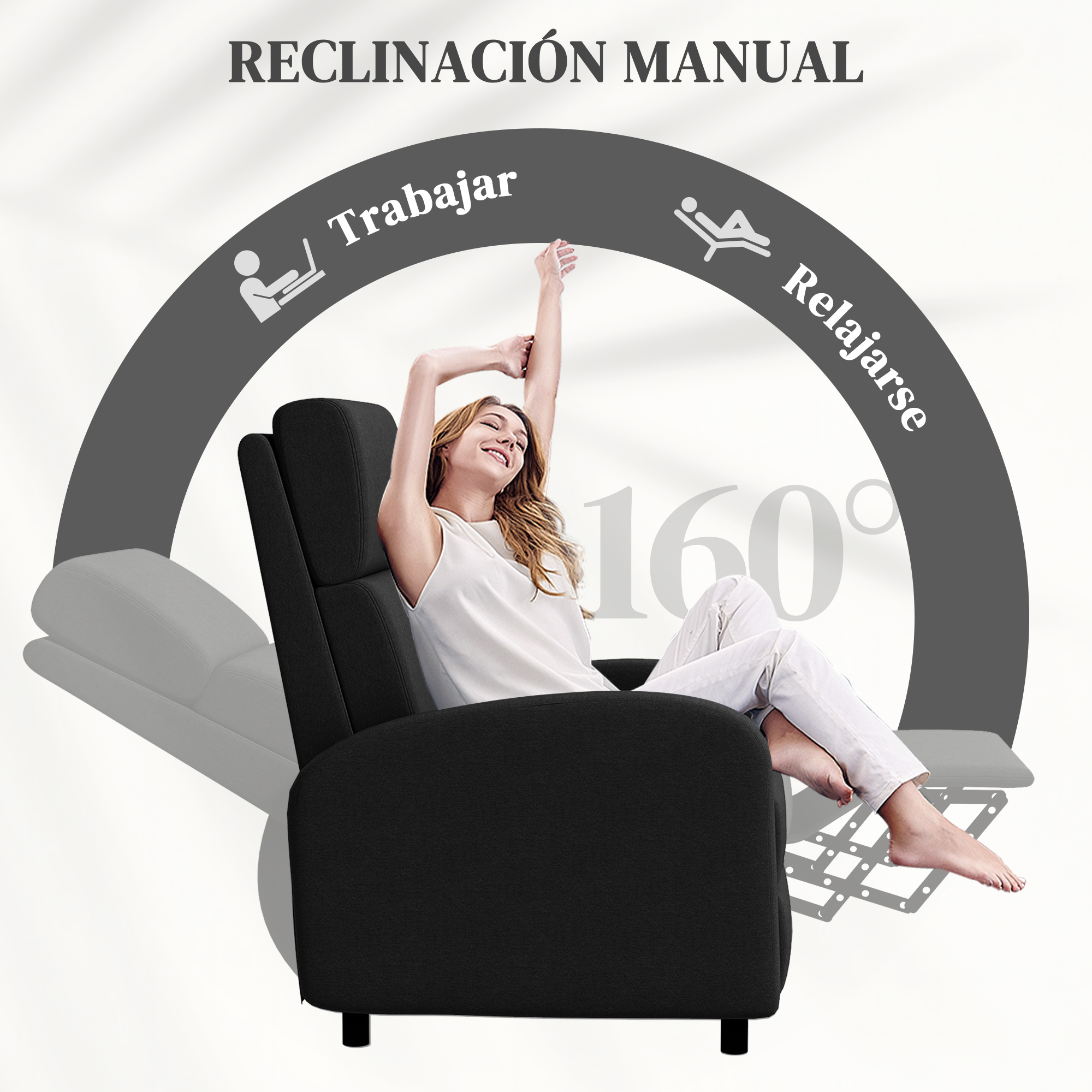 Se muestra un sillón reclinable negro que se reclina desde 160 grados sobre un fondo blanco.