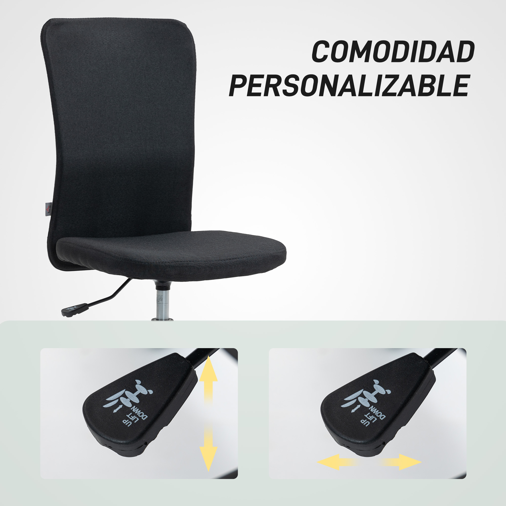 Silla de oficina negra con respaldo ajustable. Texto: Comodidad Personalizable.
