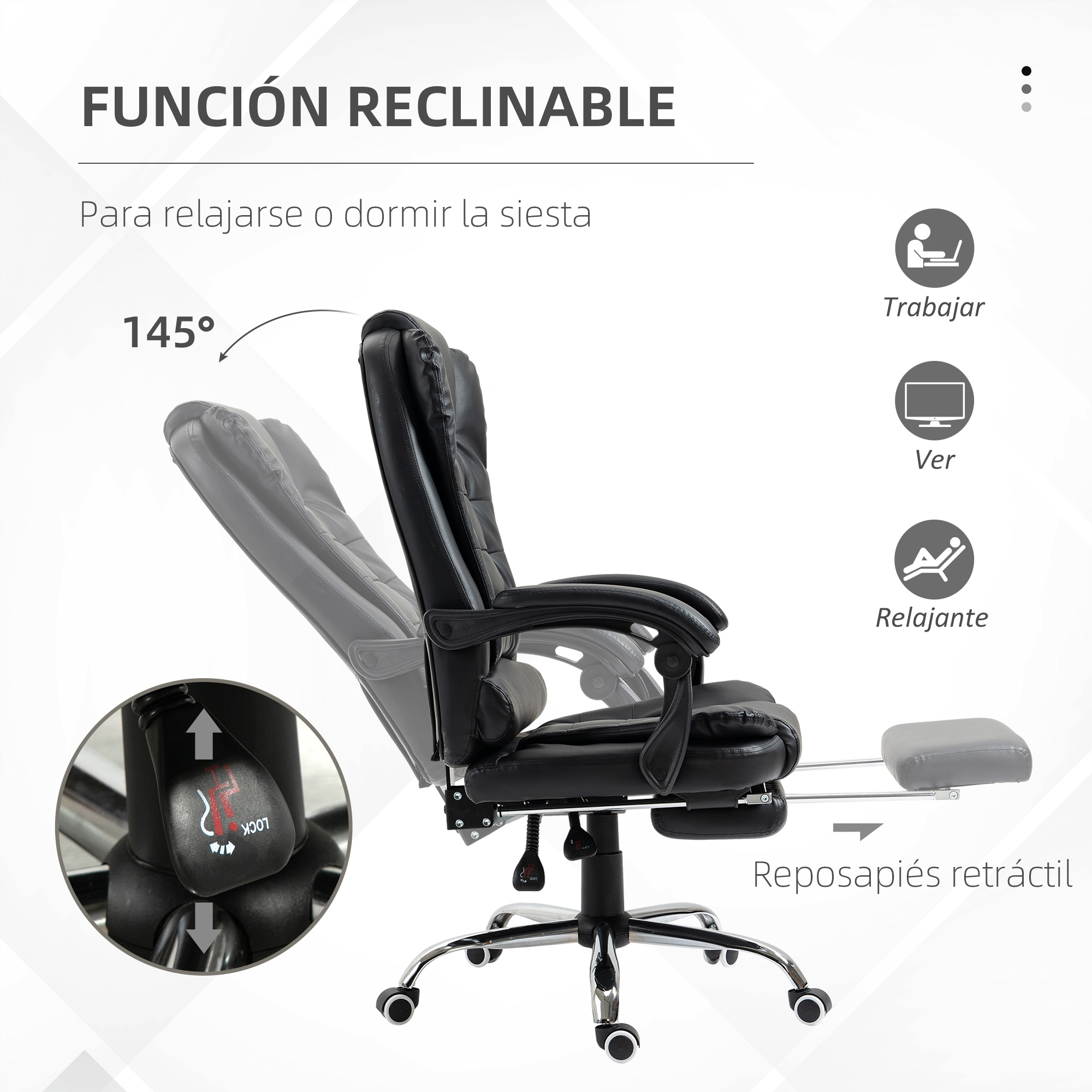 Se muestra una silla de oficina de cuero negro que se reclina desde 145 grados sobre un fondo blanco.