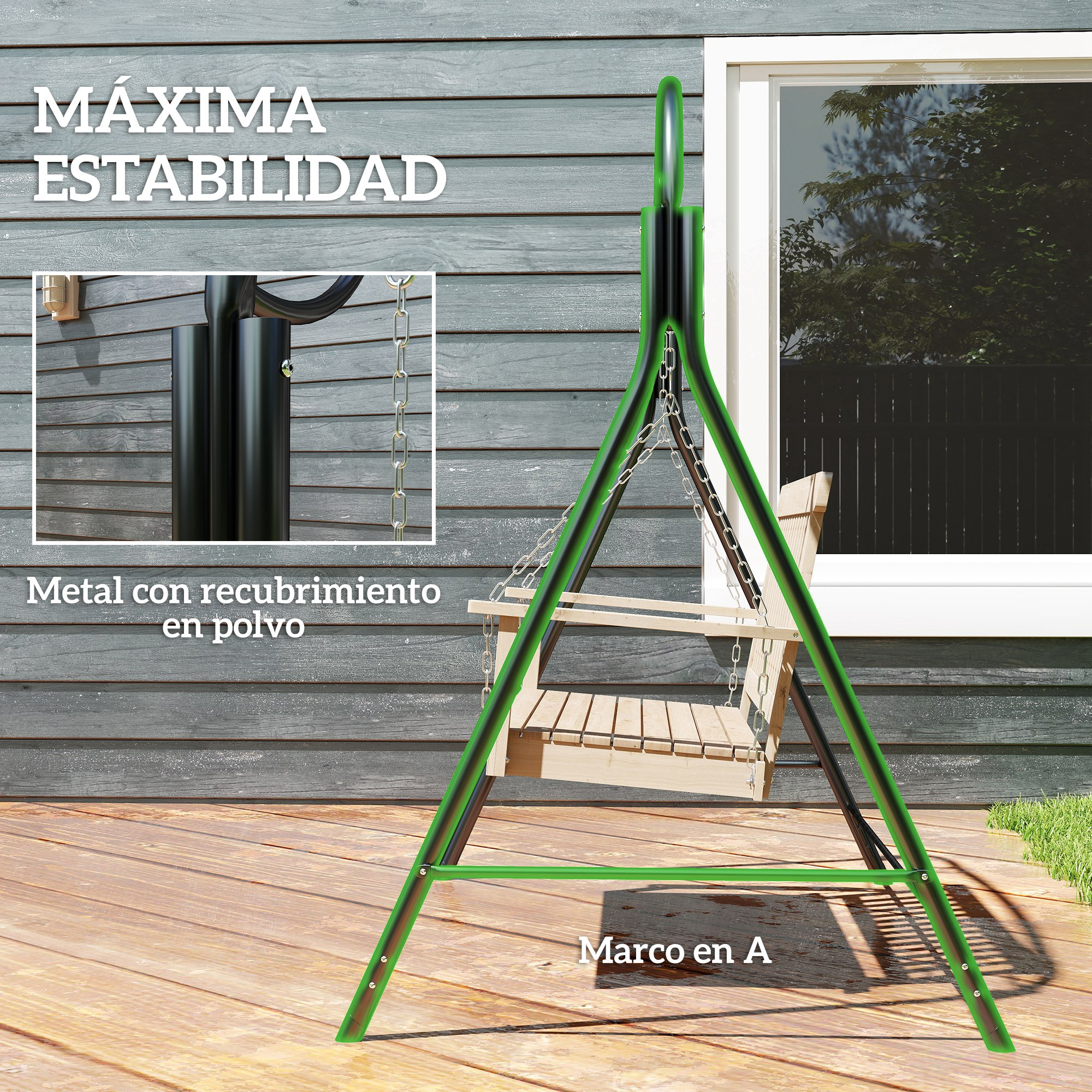 Un marco de columpio de metal verde muestra el metal con recubrimiento de polvo sobre suelo de madera.