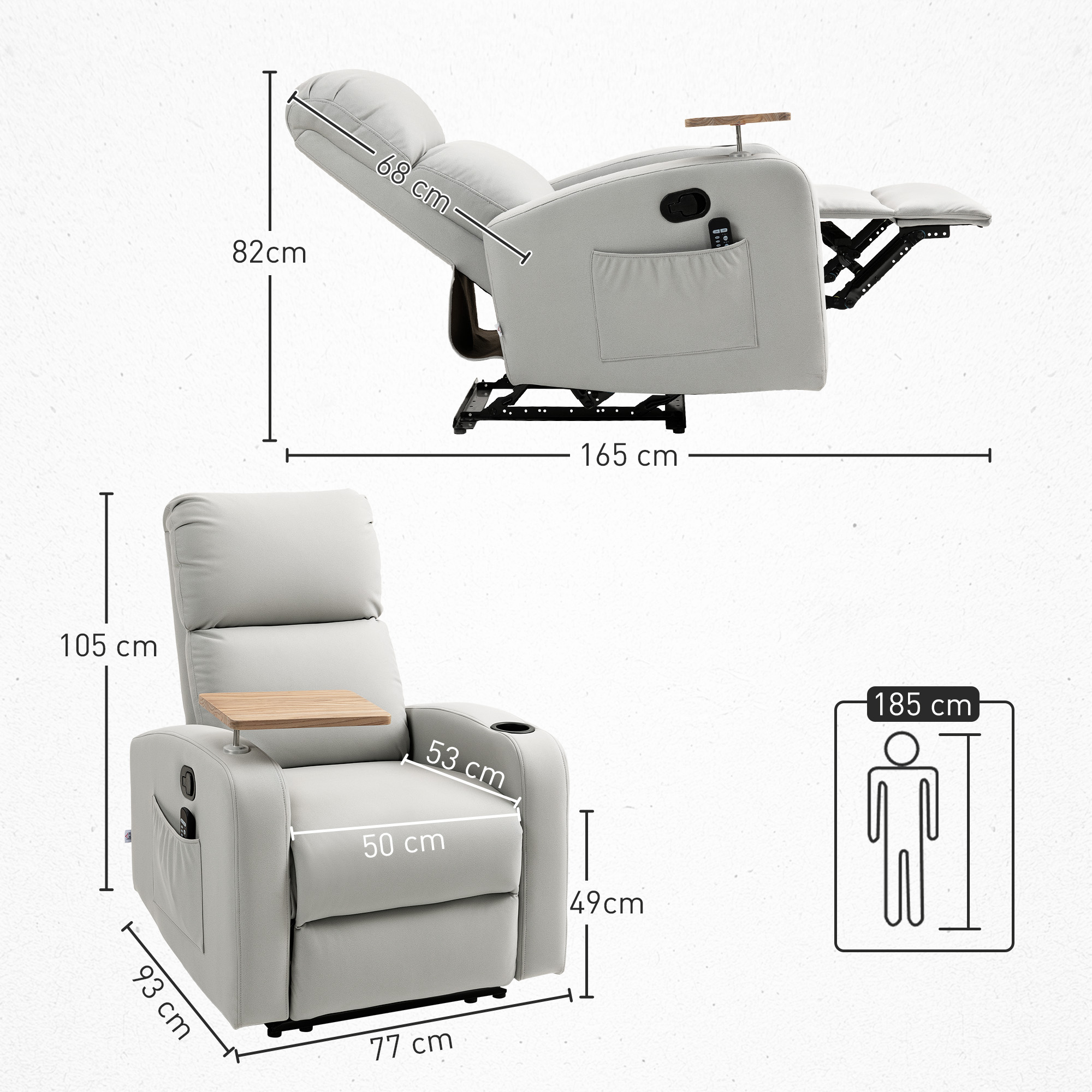 Se muestran dos sillones reclinables grises con dimensiones sobre un fondo blanco.