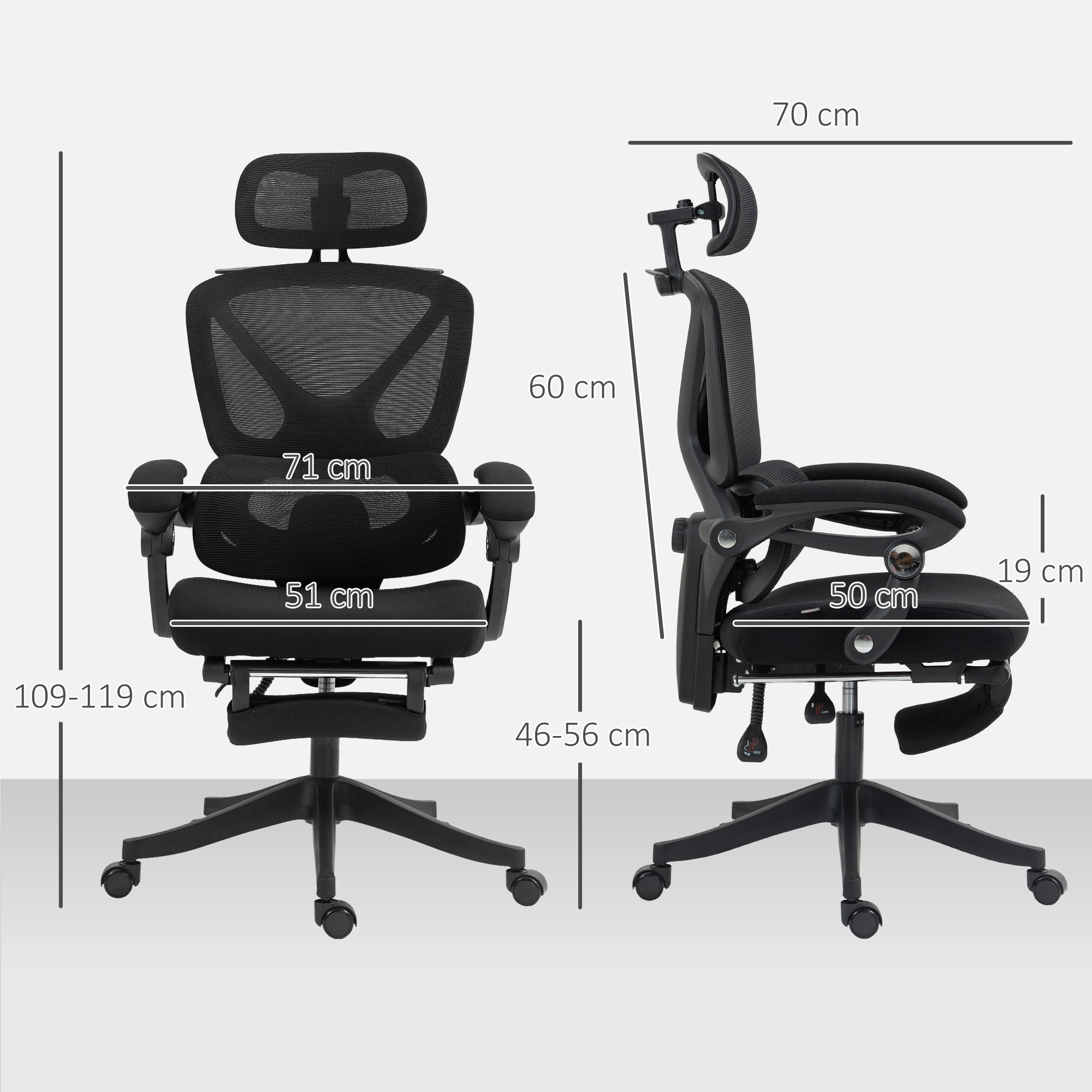 Silla de oficina con dimensiones etiquetadas en los lados. Las medidas se muestran en cm.