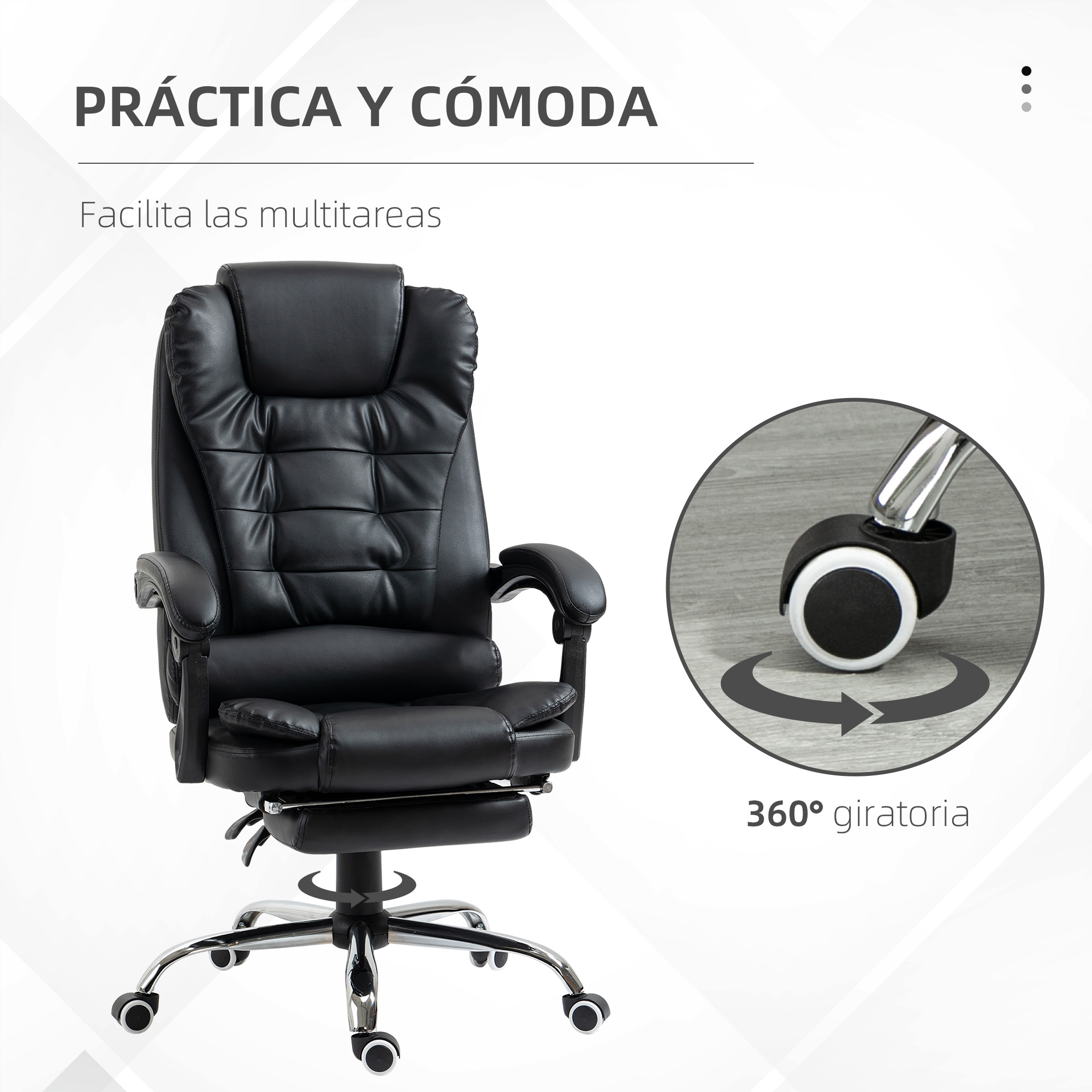 Silla de oficina negra con el texto: Práctica y Cómoda. Se muestra rotación de 360°.