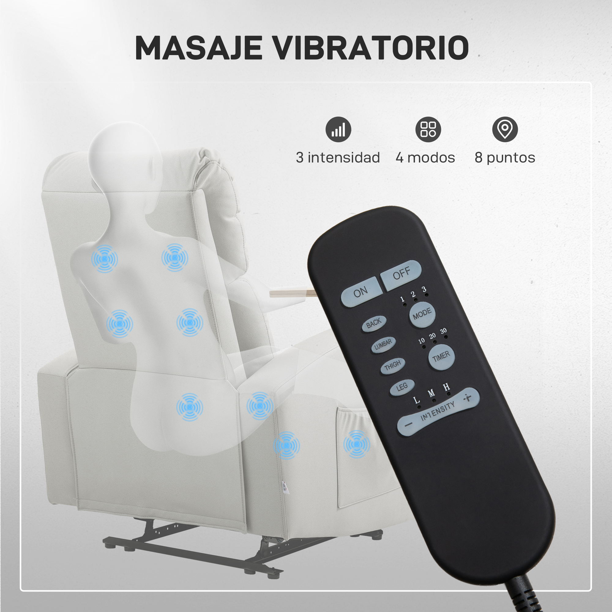 Sillón reclinable blanco con mando a distancia. Texto: Masaje Vibratorio.