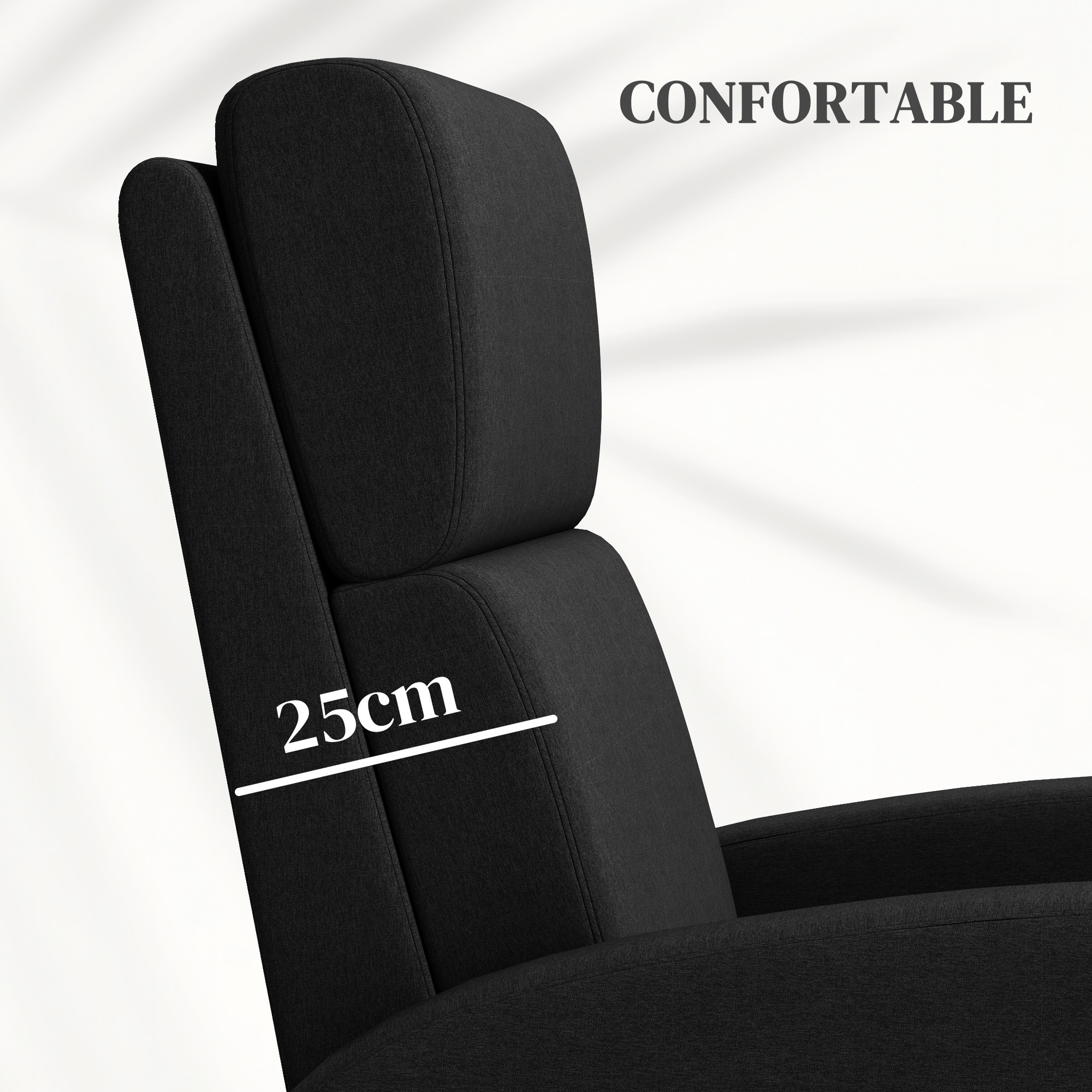 Primer plano del reposacabezas de un sillón reclinable negro. Texto: Confortable. Medida: 25 cm.