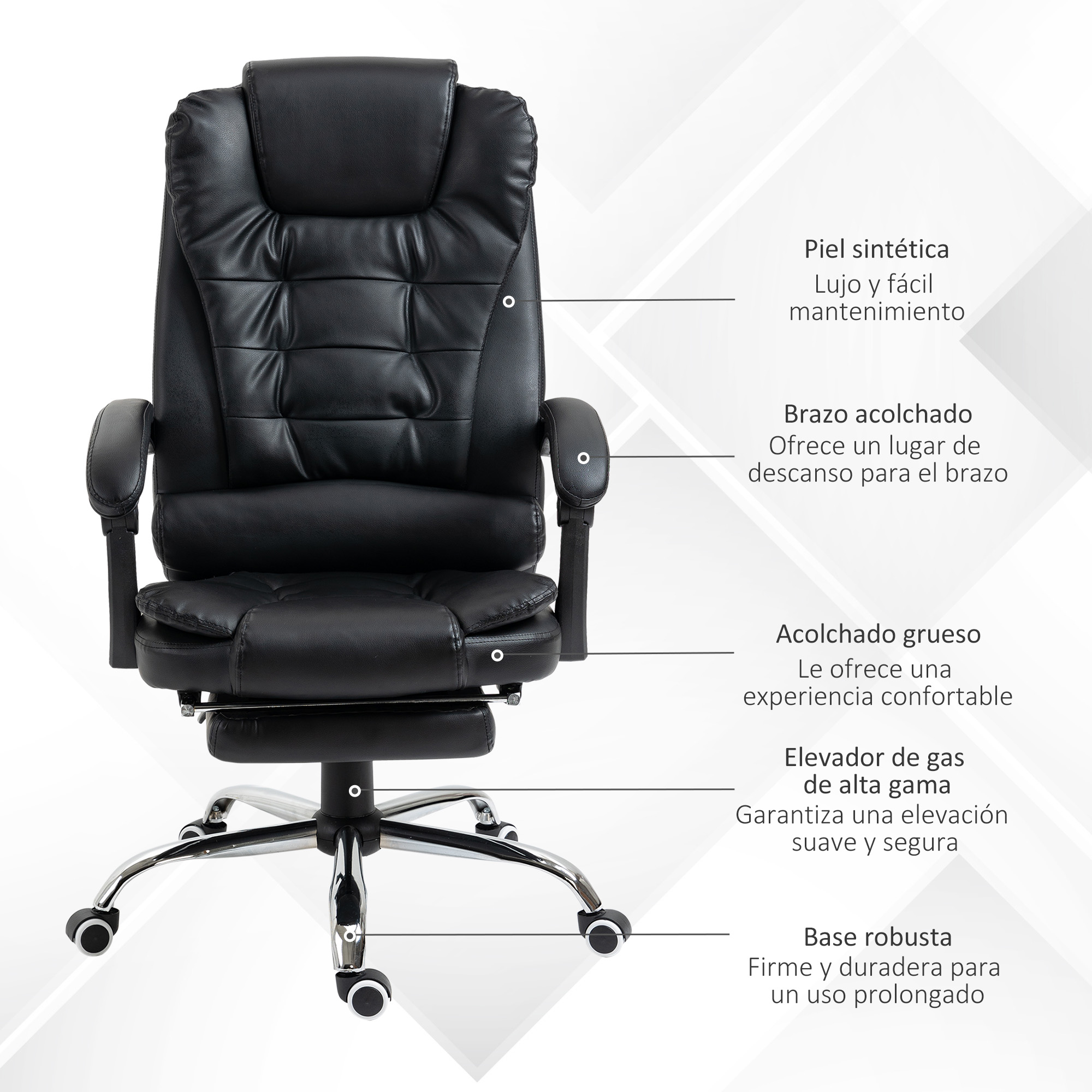 Silla de oficina de cuero negro con etiquetas que señalan las características.
