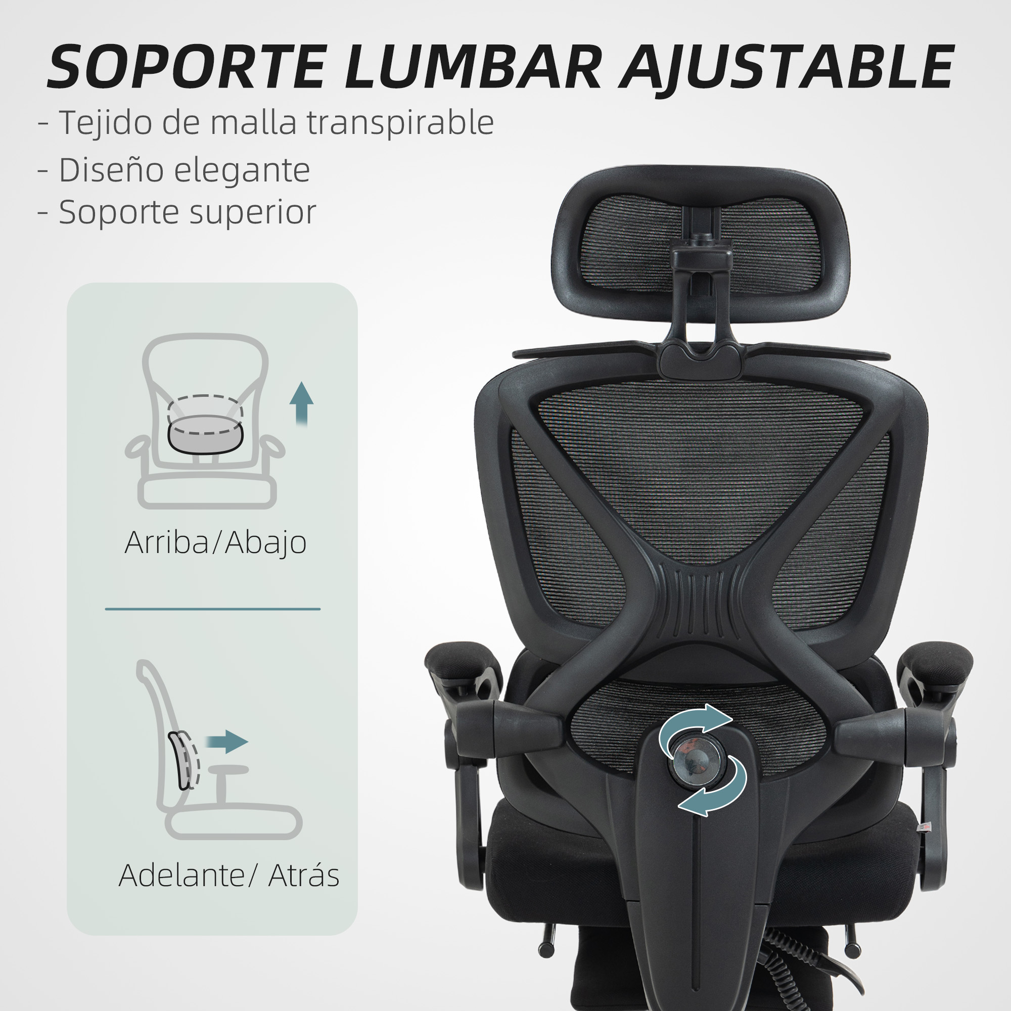 Silla de respaldo de malla negra con soporte lumbar ajustable, diagramas.